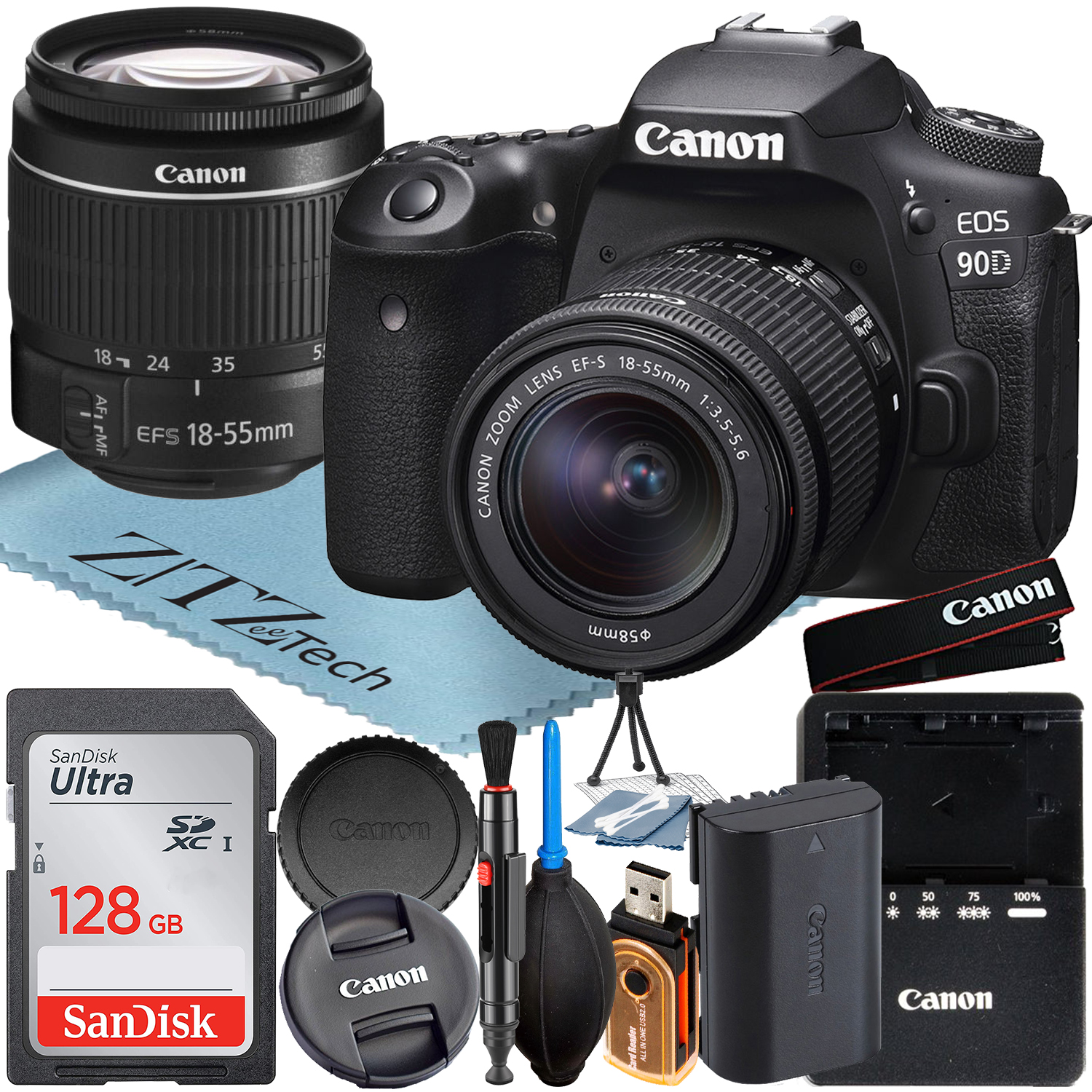 Canon EOS 90D DSLR Camera with 18-55mm Lens + SanDisk 128GB Memory Card + ZeeTech Accessory Bundle