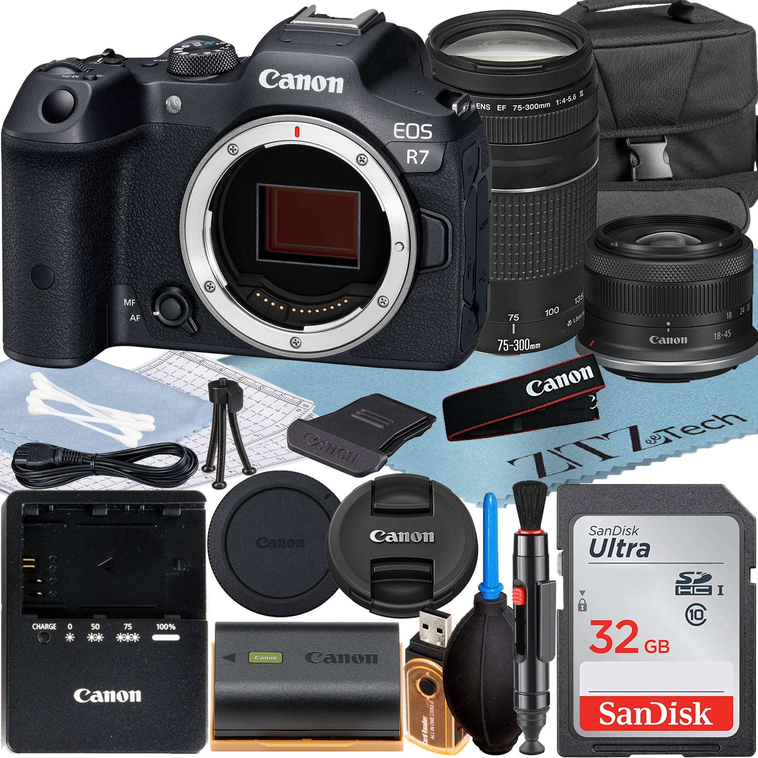 Canon EOS R7 Mirrorless Camera with RF-S 18-45mm + EF 75-300mm Lens + SanDisk 32GB Memory Card + Case + ZeeTech Accessory Bundle