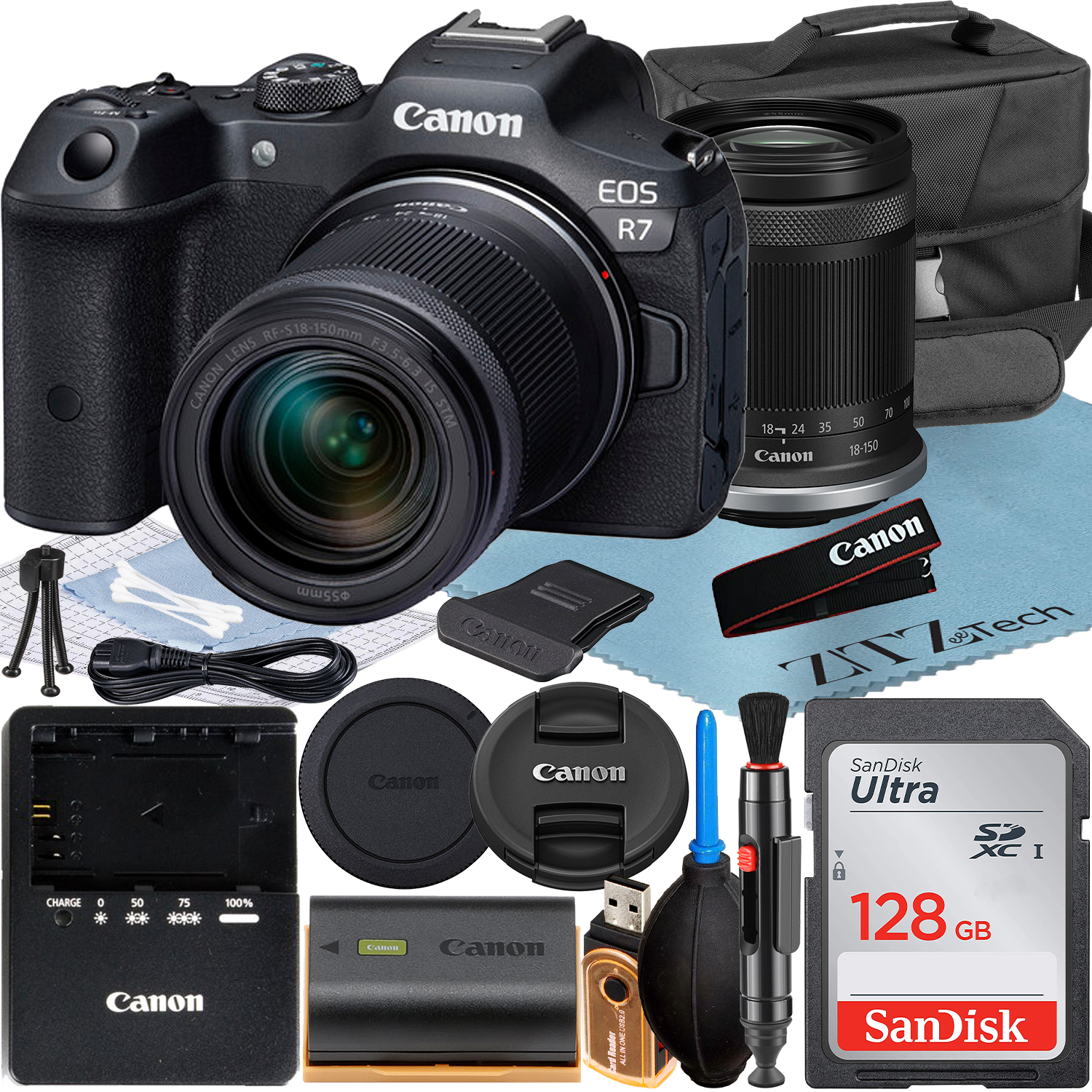 Canon EOS R7 Mirrorless Camera with RF-S 18-150mm Lens + SanDisk 128GB Memory Card + Case + ZeeTech Accessory Bundle