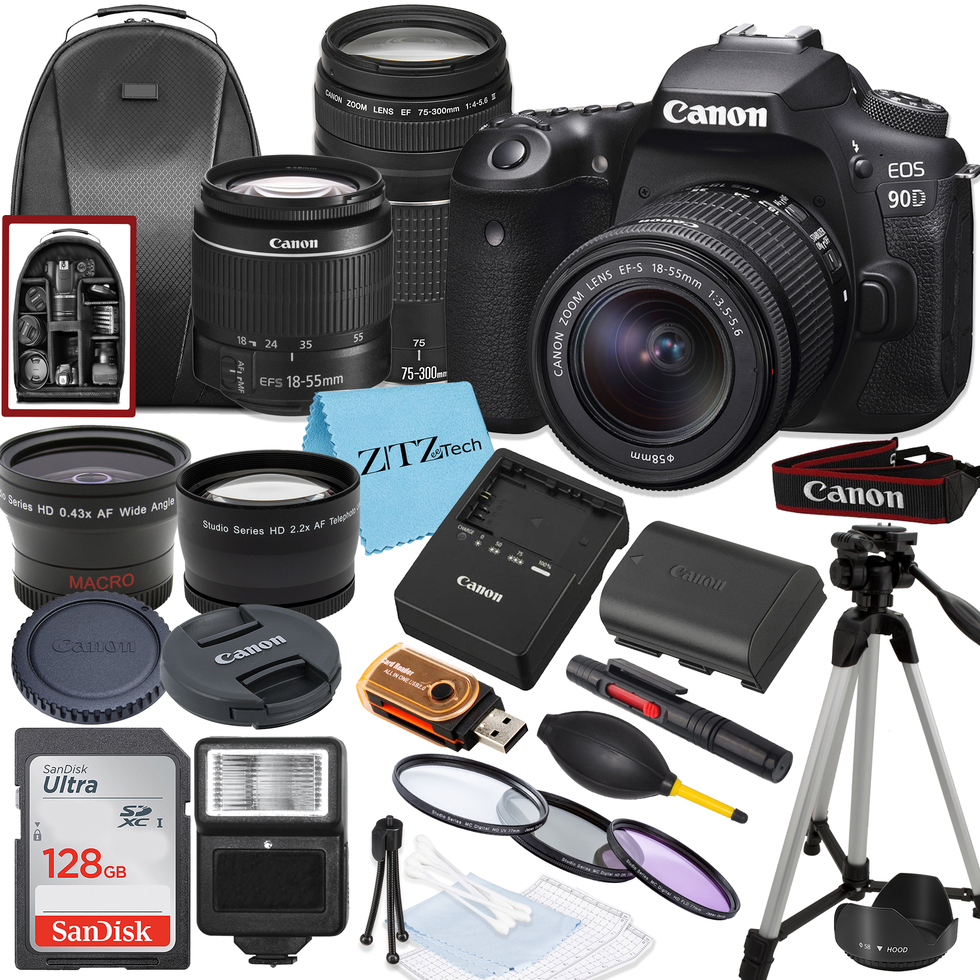 Canon EOS 90D DSLR Camera with 18-55mm, 75-300mm Lens, SanDisk 128GB Card, Backpack, Flash, Tripod and ZeeTech Accessory Bundle
