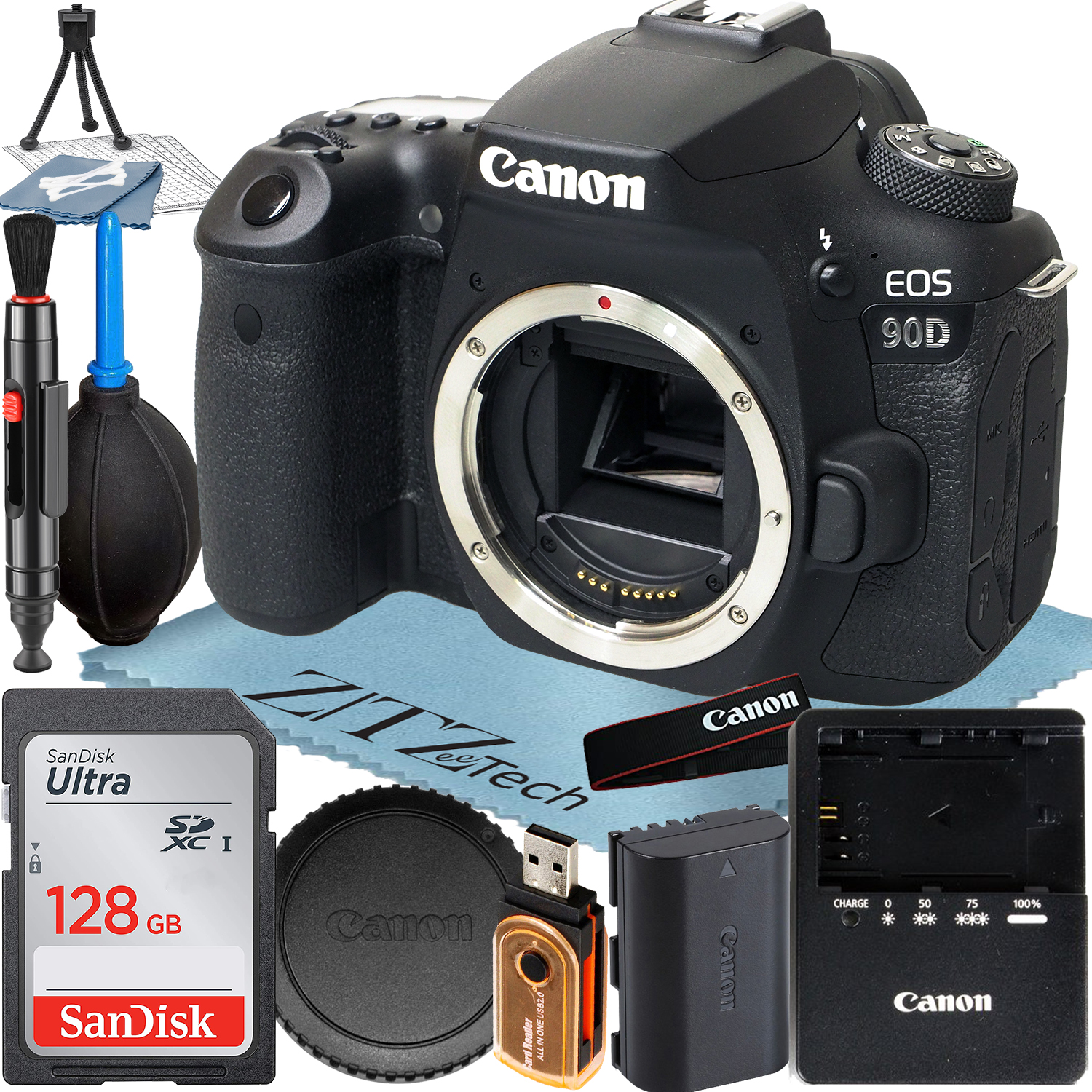 Canon EOS 90D DSLR Camera (Body Only) with 32.5MP CMOS Sensor + SanDisk 128GB Memory Card + ZeeTech Accessory Bundle