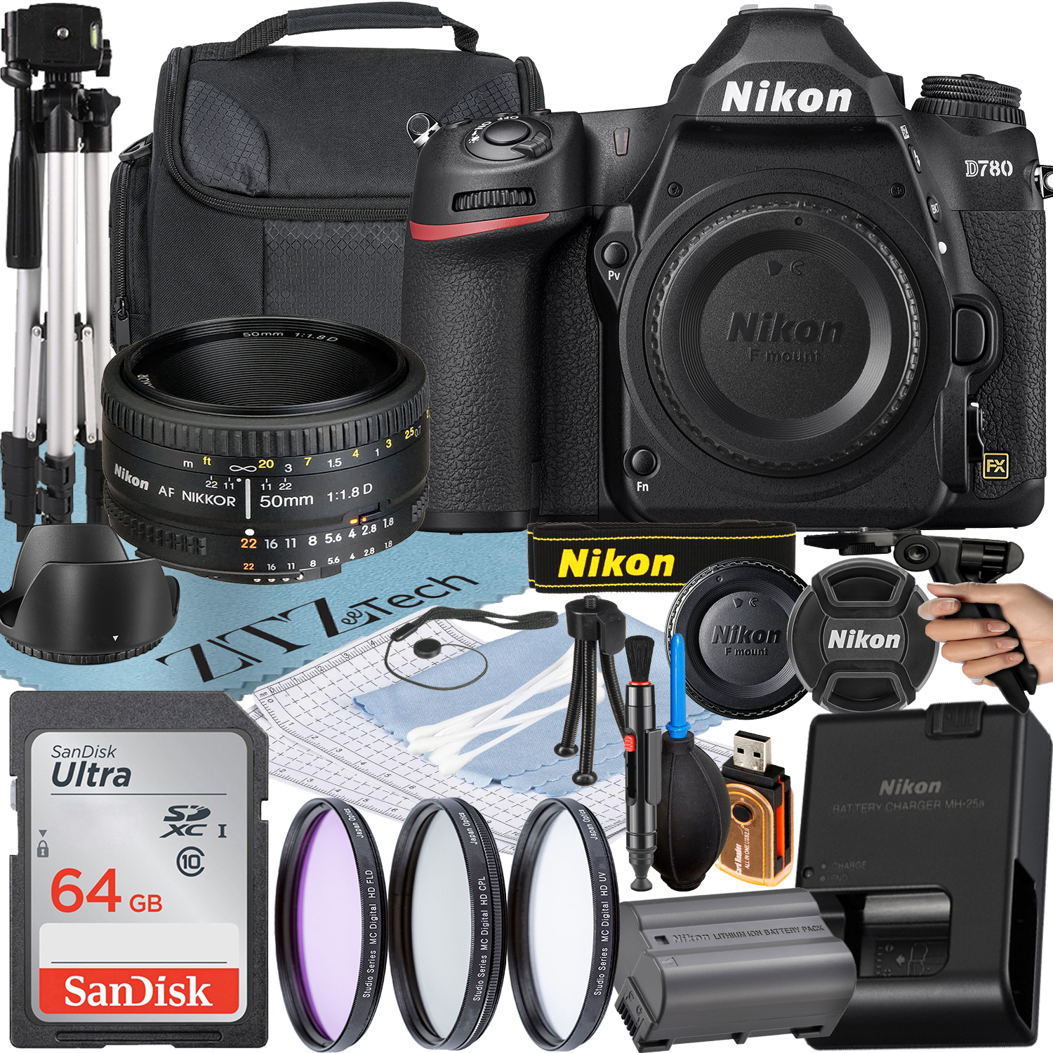 Nikon D780 DSLR Camera with AF NIKKOR 50mm f/1.8D Lens + SanDisk 64GB Memory Card + Case + UV Filter + ZeeTech Accessory Bundle