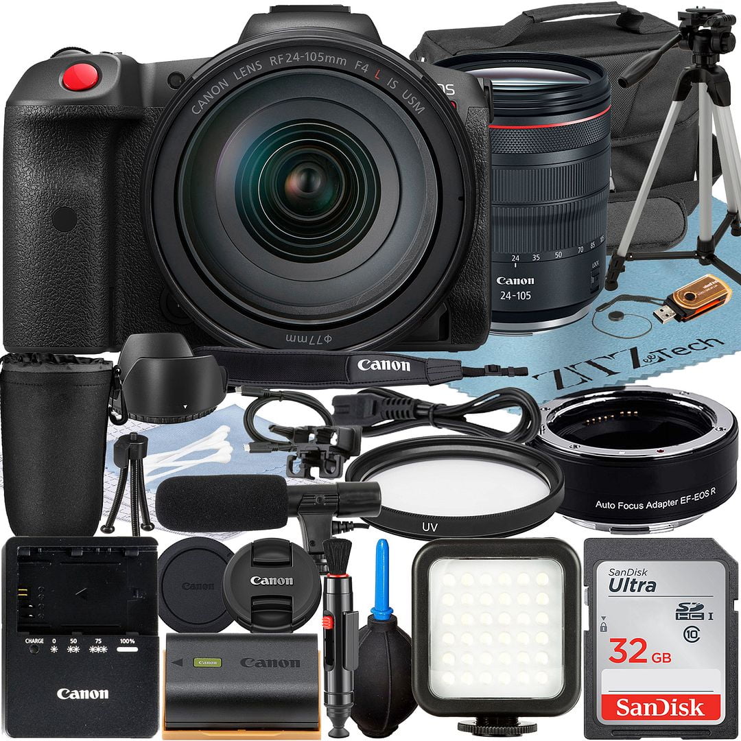 Canon EOS R5 C Mirrorless Cinema Camera with RF 24-105mm Lens + Mount Adapter + SanDisk 32GB Memory Card + Case + LED Flash + ZeeTech Accessory Bundle