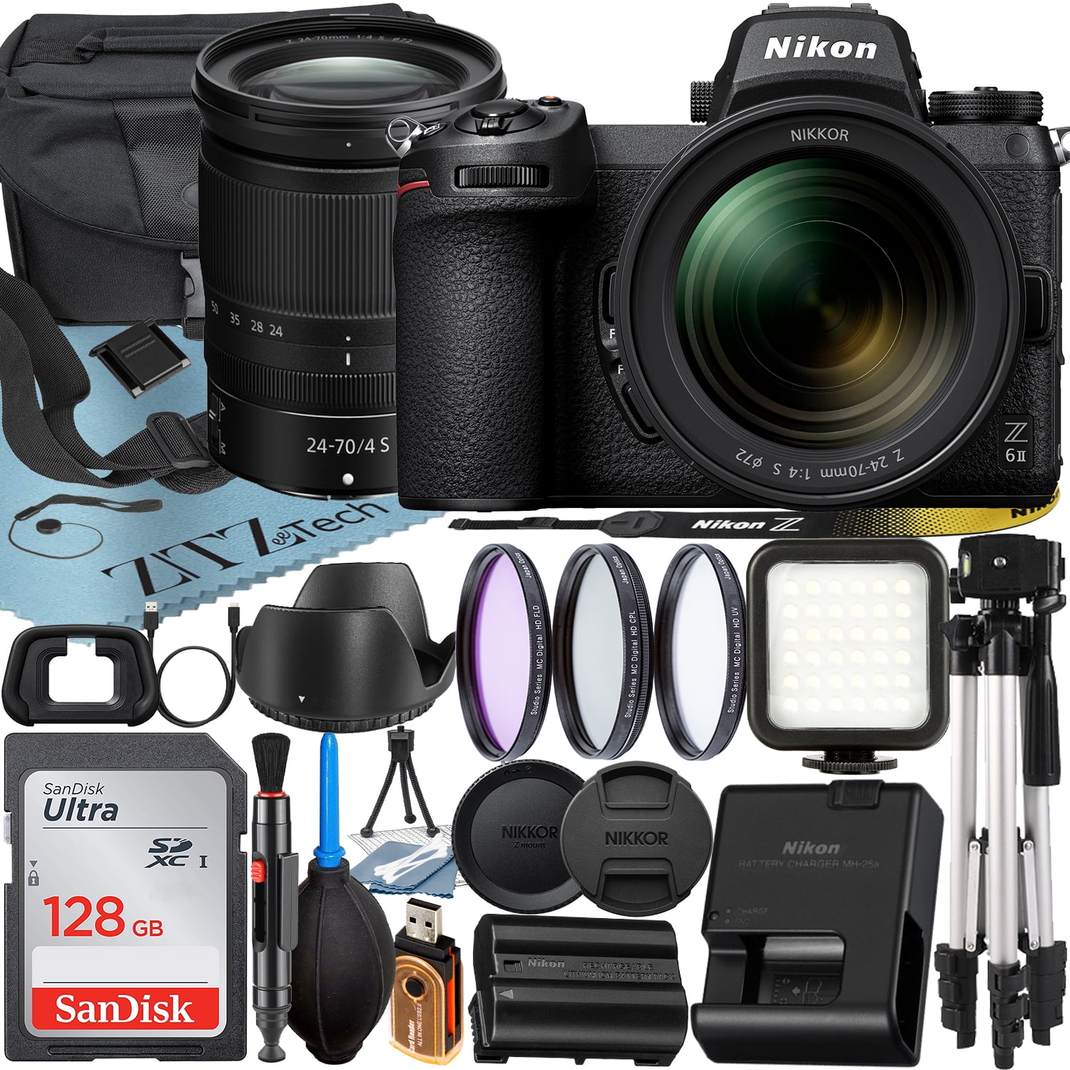 Nikon Z6 II Mirrorless Camera with NIKKOR Z 24-70mm f/4 S Lens + SanDisk 128GB Card + Case + 3 Pieces Filter + Flash + ZeeTech Accessory Bundle