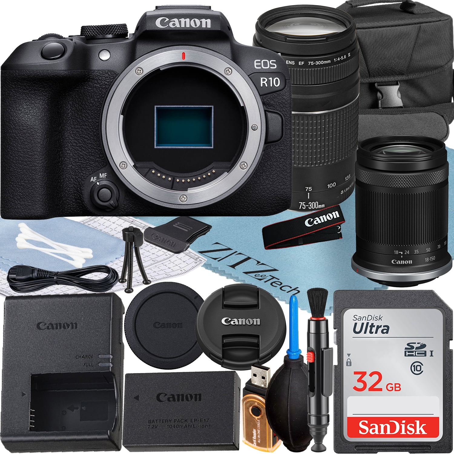 Canon EOS R10 Mirrorless Camera with RF-S 18-150mm + EF 75-300mm Lens + SanDisk 32GB Memory Card + Case + ZeeTech Accessory Bundle