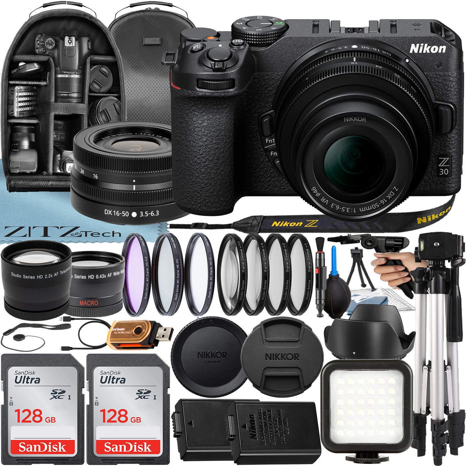 Nikon Z30 Mirrorless Camera with NIKKOR Z DX 16-50mm VR Lens + 2 Pack 128GB SanDisk Card + Case + Tripod + ZeeTech Accessory Bundle