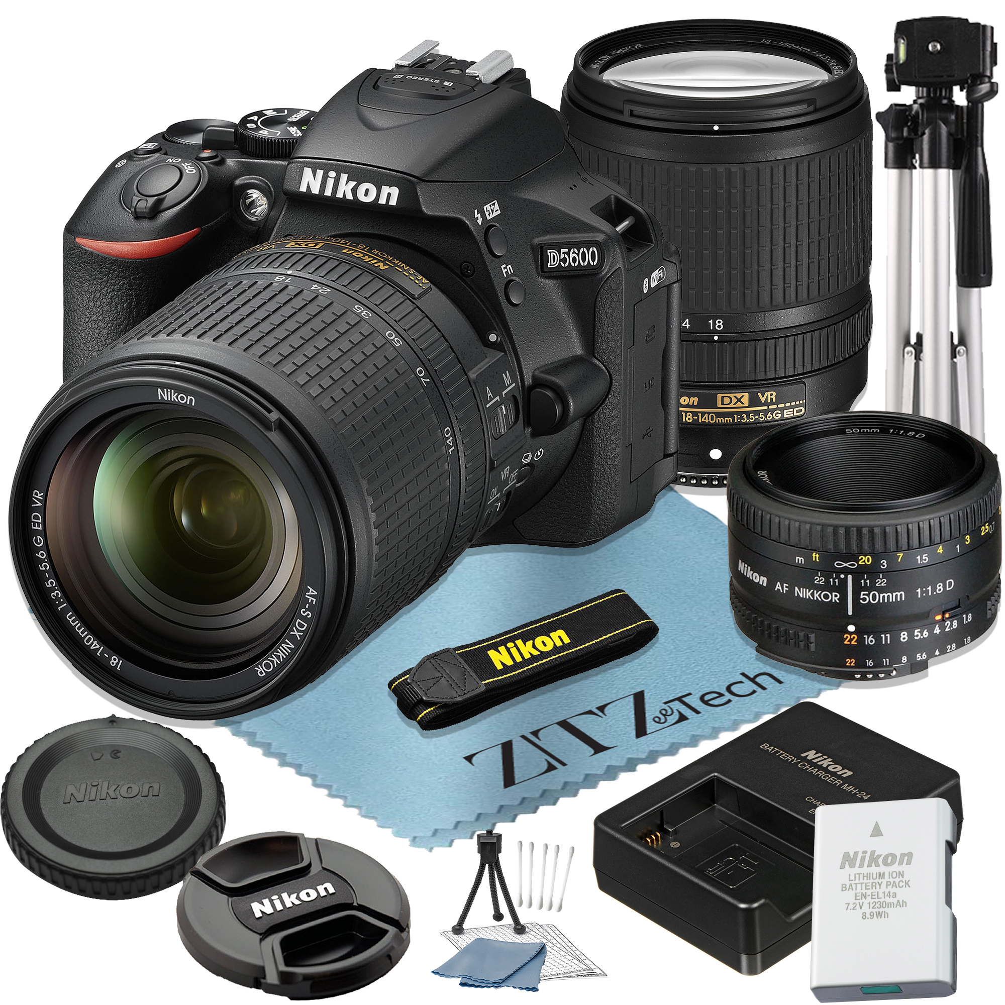 Nikon D5600 DSLR Camera 24.2MP DX-Format CMOS Sensor with 18-140mm + AF FX 50mm Lens + Tripod + ZeeTech Accessory Bundle