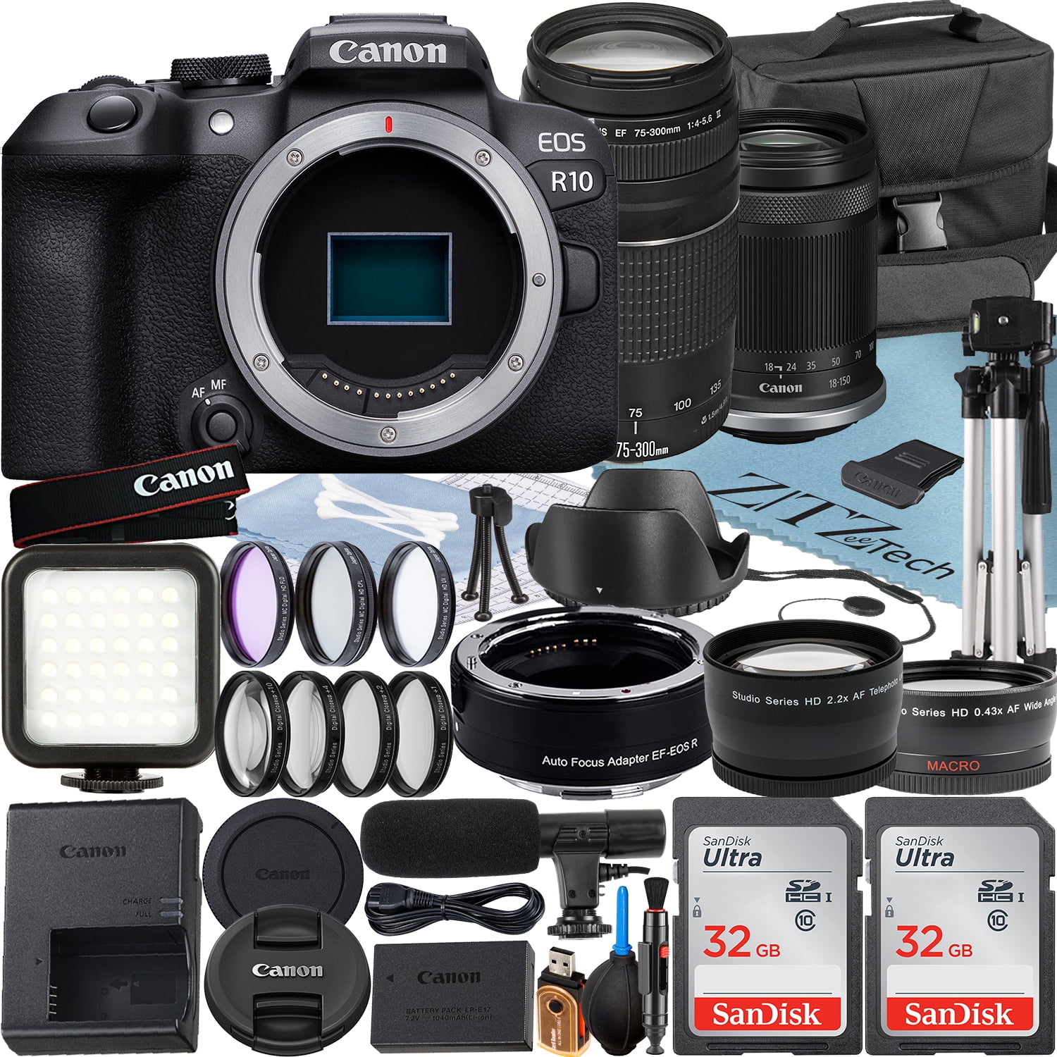 Canon EOS R10 Mirrorless Camera with RF-S 18-150mm + EF 75-300mm Lens + Mount Adapter + 2 Pack SanDisk 32GB Memory Card + Case + ZeeTech Accessory