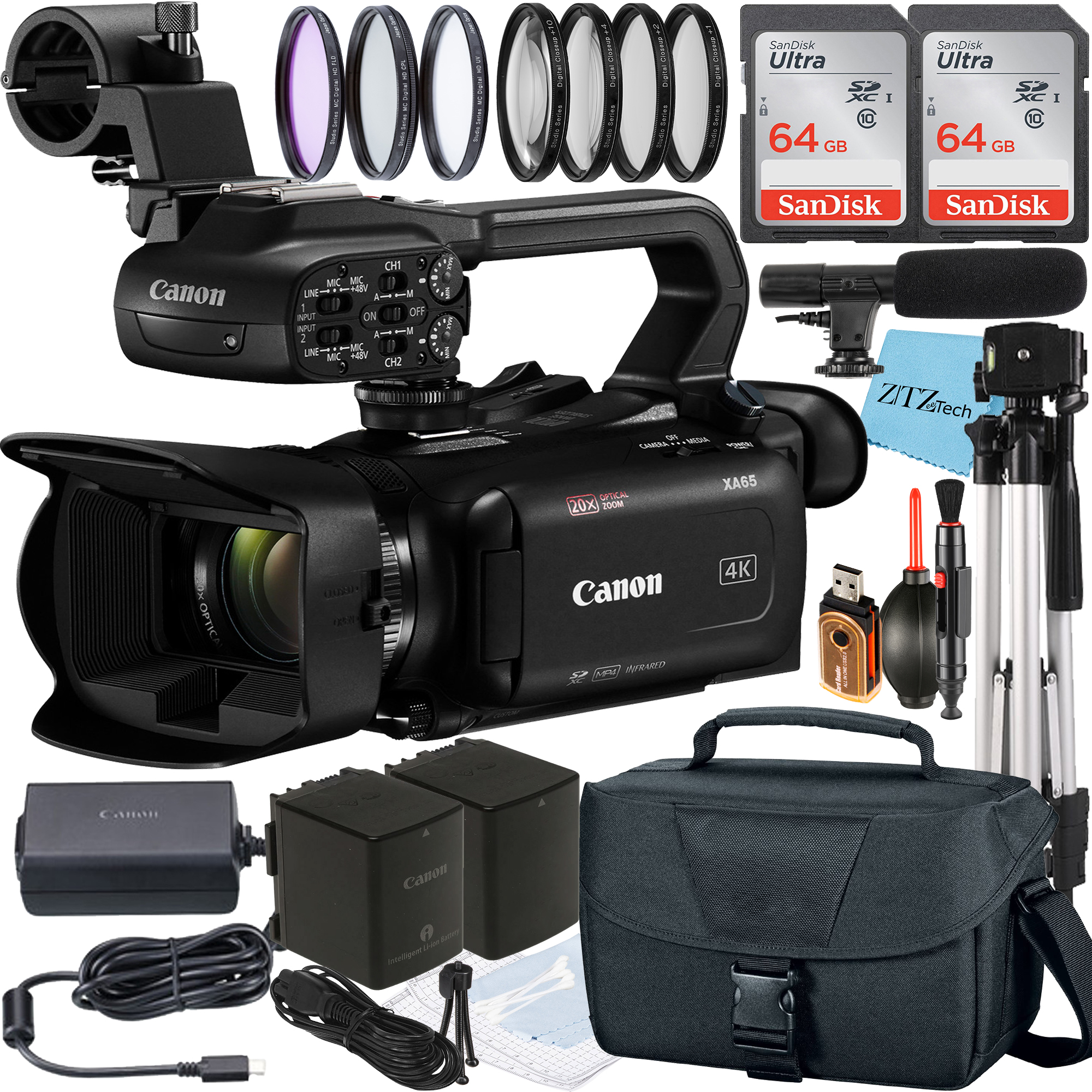 Canon XA65 Professional UHD 4K Camcorder with 2 Pack SanDisk 64GB Memory Card + Case + Tripod + Filter Kit + Microphone + ZeeTech Accessory Bundle