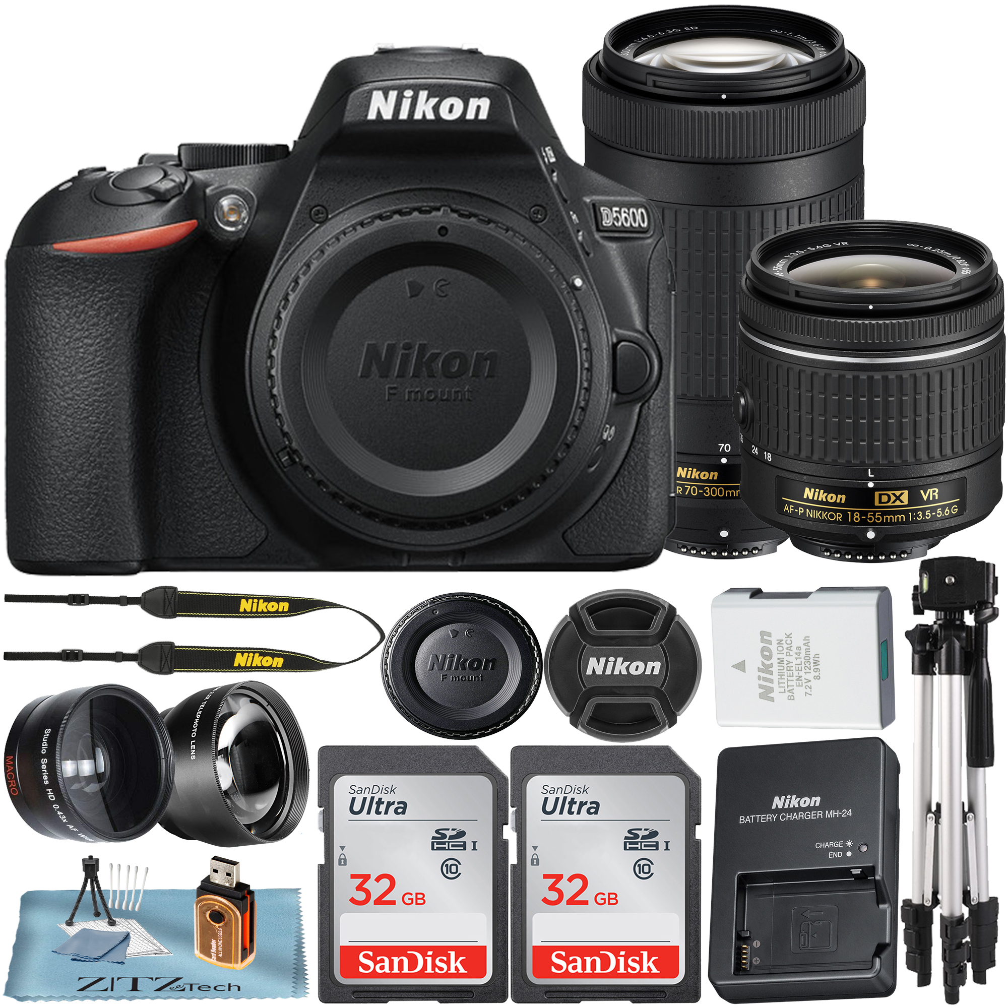 Nikon D5600 Digital SLR Camera with 18-55mm + 70-300mm Lens + 2 Pcs 32GB SanDisk Memory Card + Tripod + Wideangle + Telephoto + ZeeTech Accessory Bundle