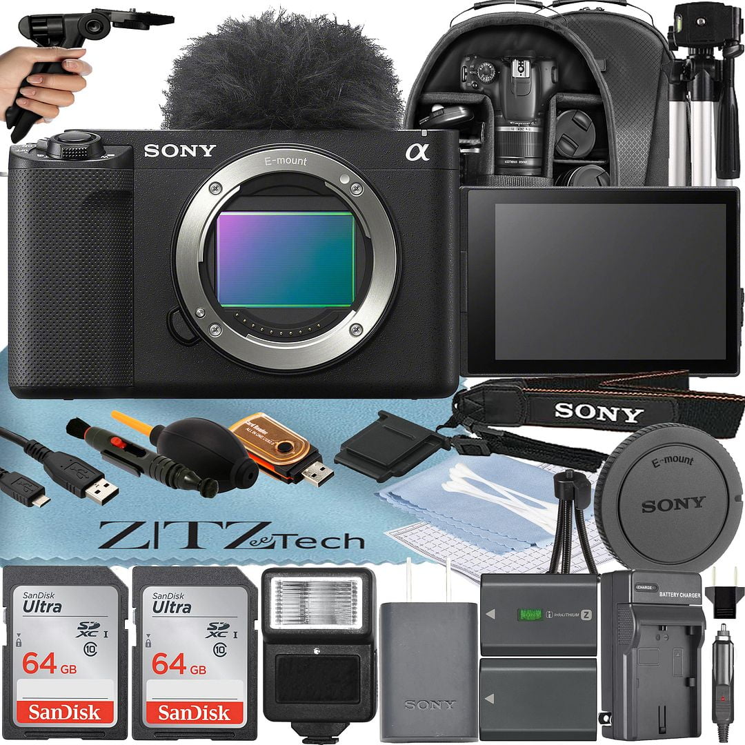 Sony ZV-E1 Mirrorless Camera Black (Body Only) with 2 Pack SanDisk 64GB Memory Card + Backpack + Flash + Tripod + ZeeTech Accessory Bundle