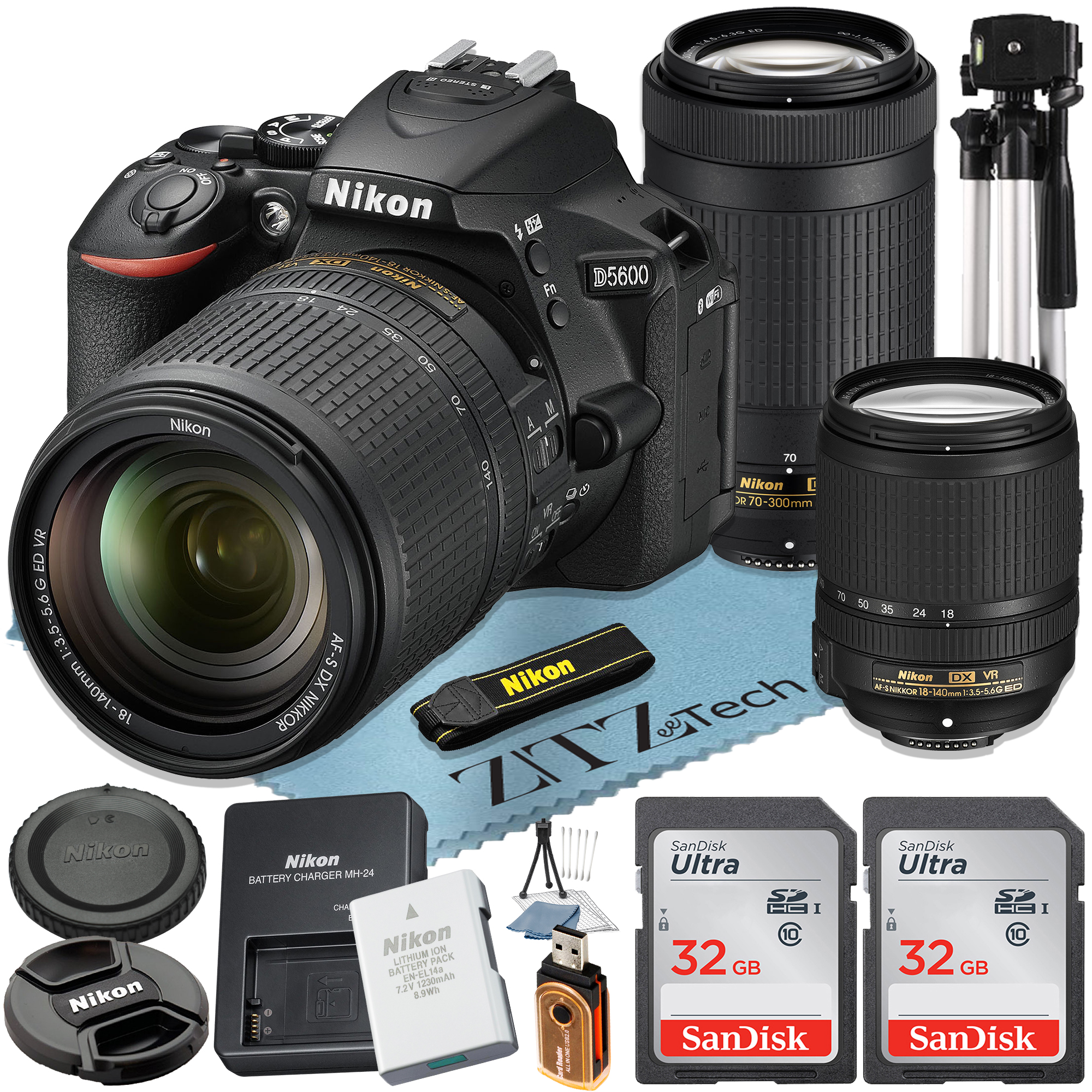 Nikon D5600 DSLR Camera 24.2MP CMOS Sensor with 18-140mm + 70-300mm Lens + SanDisk 32GB Memory Card + Tripod + ZeeTech Accessory Bundle