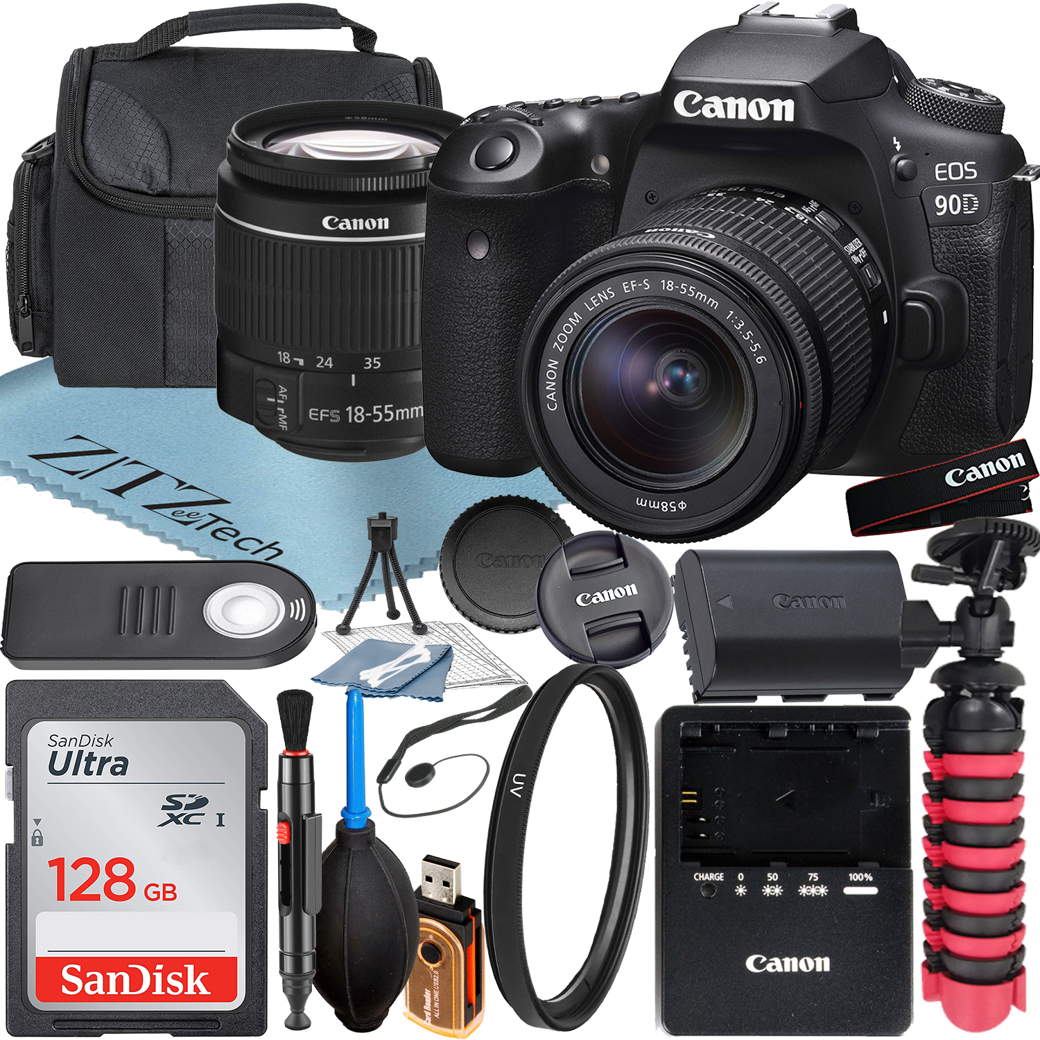 Canon EOS 90D DSLR Camera with 18-55mm Lens + SanDisk 128GB Memory Card + Case + UV Filter + ZeeTech Accessory Bundle