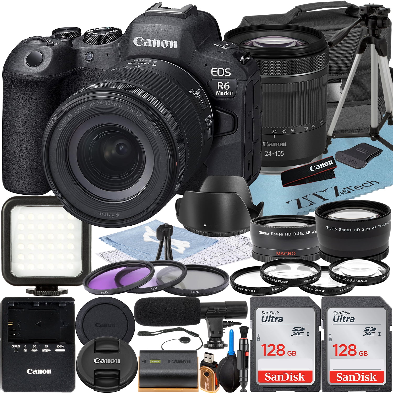 Canon EOS R6 Mark II Mirrorless Camera with RF 24-105mm Lens + 2 Pack SanDisk 128GB Memory Card + LED Flash + Case + ZeeTech Accessory