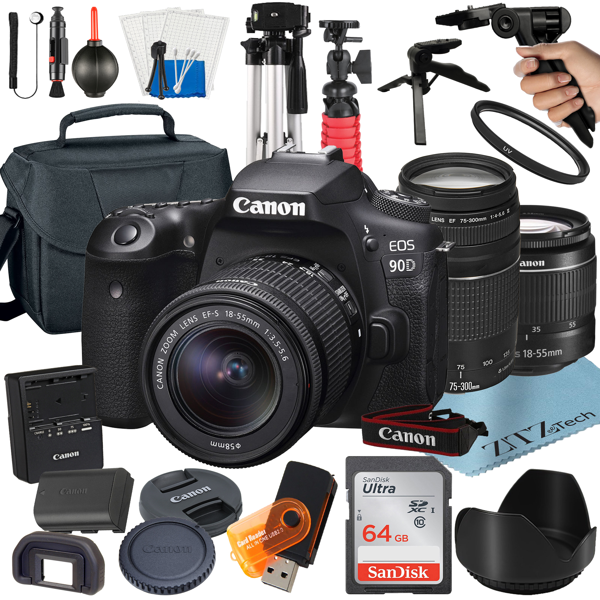Canon EOS 90D DSLR Camera Bundle with 18-55mm + 75-300mm Lens + 64GB SanDisk Card + Case + Tripod + ZeeTech Accessory