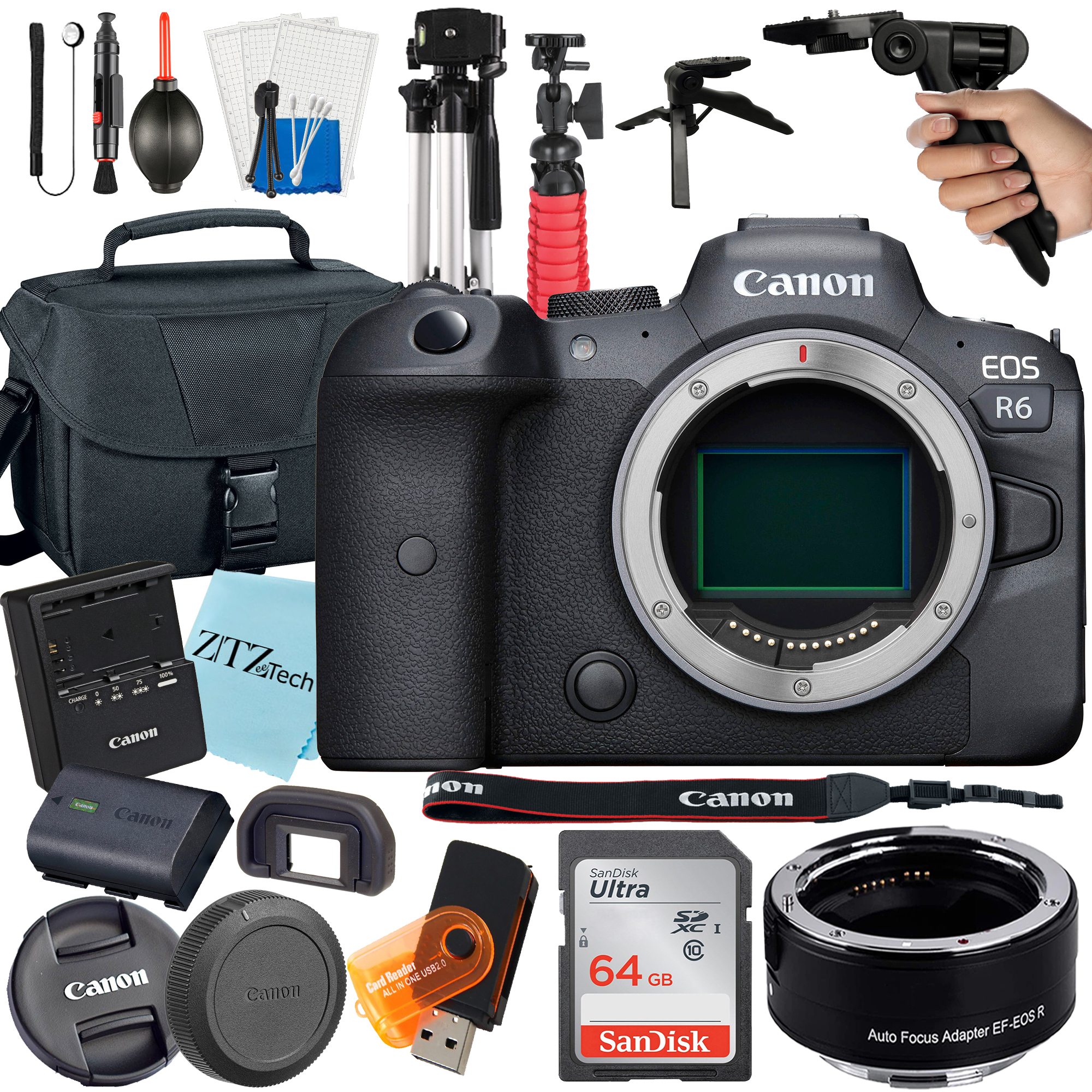 Canon EOS R6 Mirrorless Digital Camera (Body Only) with EF Mount Adapter + 64GB SanDisk + Case + ZeeTech Accessory