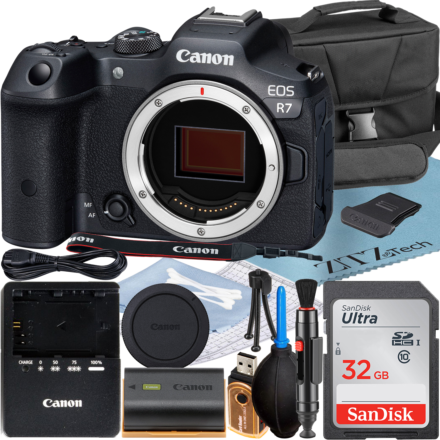 Canon EOS R7 Mirrorless Camera (Body) with 4K 60 Video + SanDisk 32GB Memory Card + Case + ZeeTech Accessory Bundle