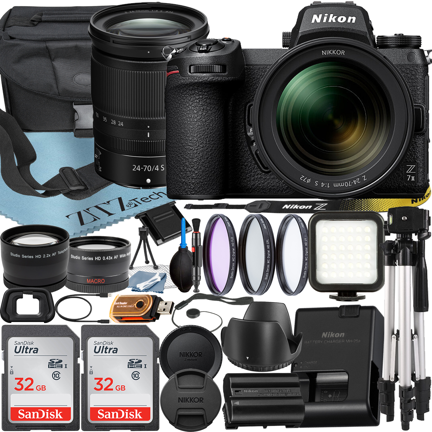 Nikon Z7 II Mirrorless Camera with NIKKOR Z 24-70mm f/4 S Lens + SanDisk 32GB Card + Case + Wideangle + Tripod + ZeeTech Accessory Bundle