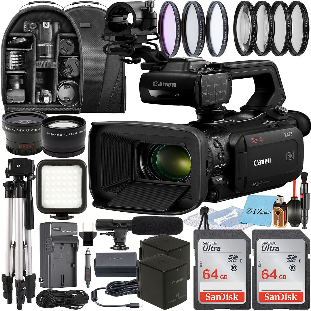 Canon XA75 UHD 4K30 Camcorder with Dual-Pixel Autofocus + 2 Pack SanDisk 64GB Memory Card + Wideangle Lens + ZeeTech Accessory Bundle