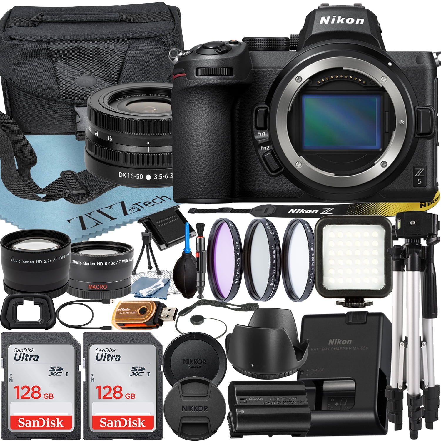 Nikon Z5 Mirrorless Camera with NIKKOR Z DX 16-50mm VR Zoom Lens + SanDisk 128GB Card + Case + Wideangle + Tripod + ZeeTech Accessory Bundle