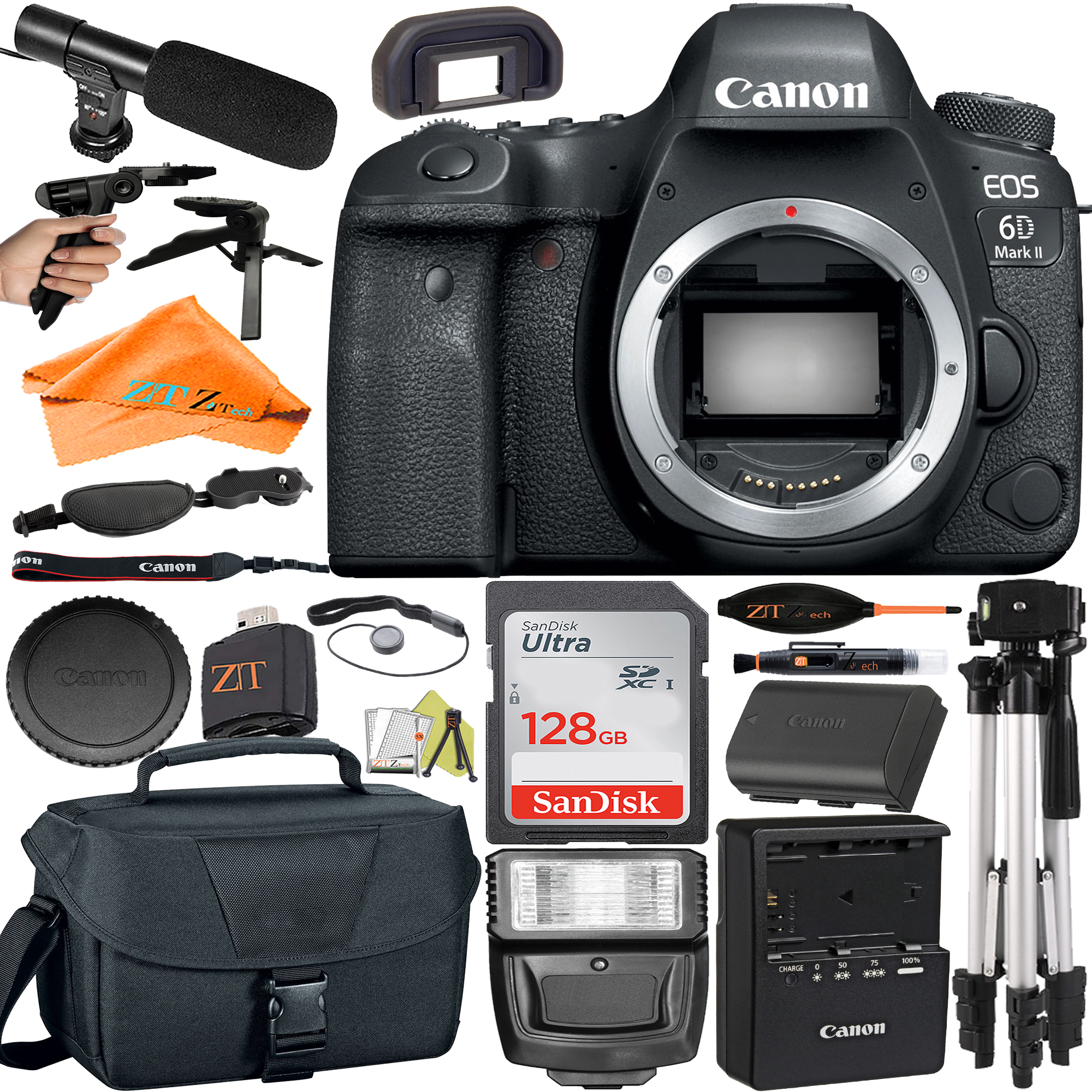 Canon EOS 6D Mark II DSLR Camera (Body Only) with SanDisk 128GB + Microphone + Case + ZeeTech Accessory Bundle
