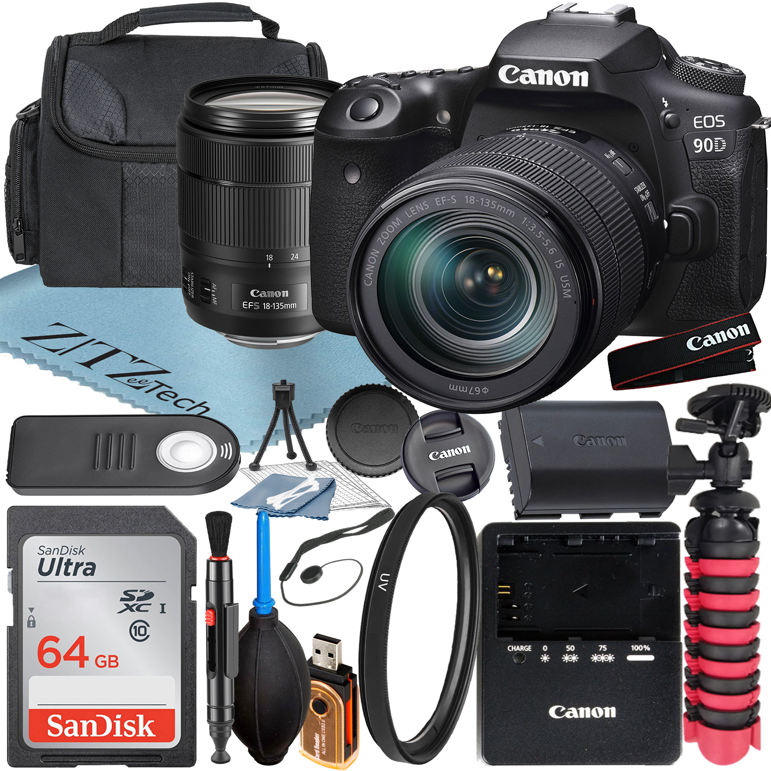 Canon EOS 90D DSLR Camera with 18-135mm IS USM Lens + SanDisk 64GB Memory Card + Case + UV Filter + ZeeTech Accessory Bundle