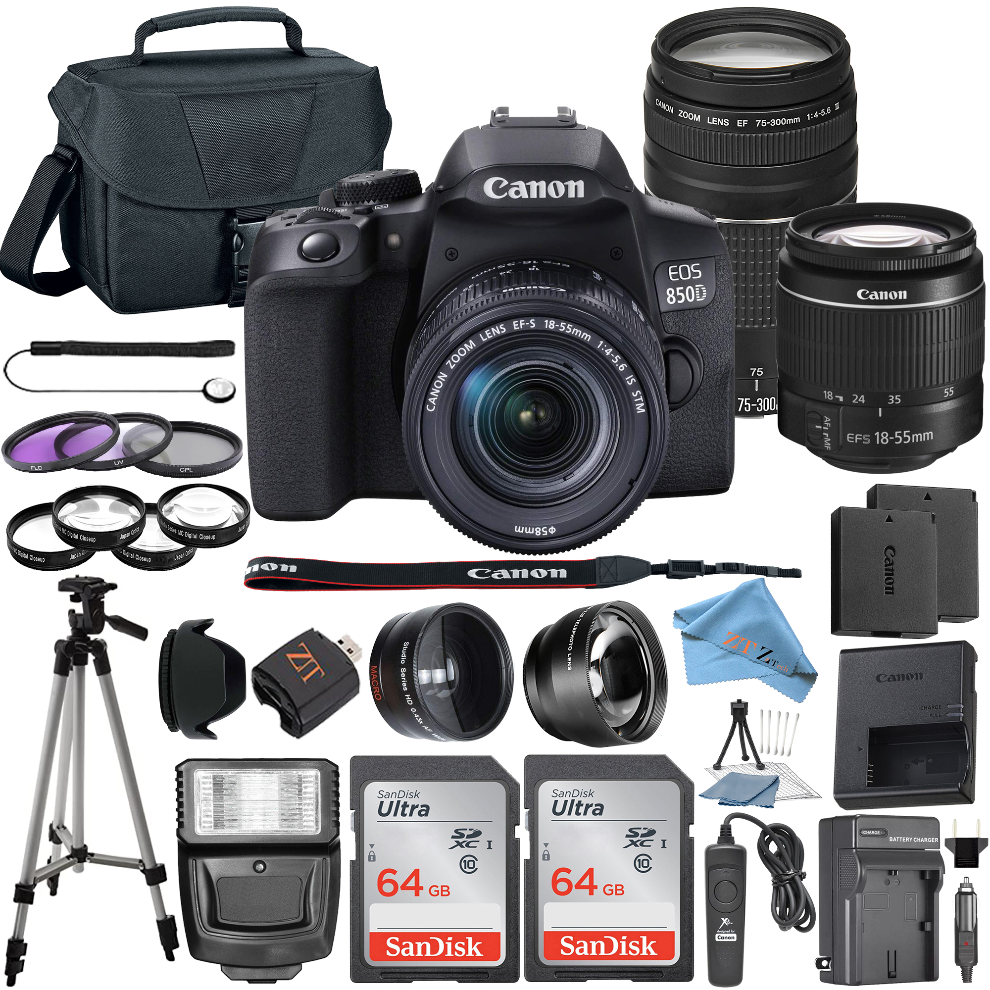 Canon EOS 850D / Rebel T8i DSLR Camera with 18-55mm + 75-300mm Lens + 2 Pcs SanDisk 64GB Memory + Tripod + Case + ZeeTech Kit
