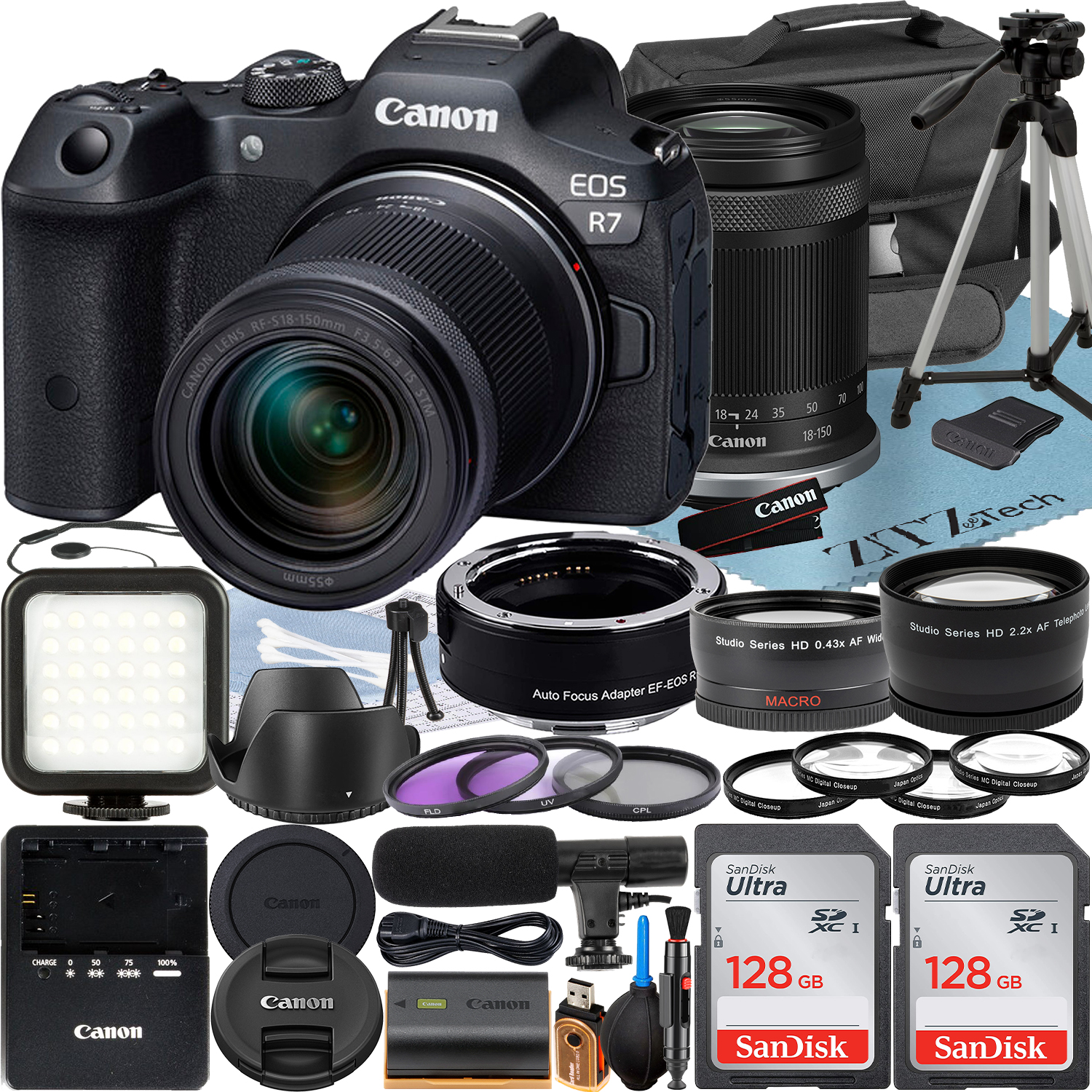 Canon EOS R7 Mirrorless Camera with RF-S 18-150mm Lens + Mount Adapter + 2 Pack SanDisk 128GB Memory Card + Case + ZeeTech Accessory