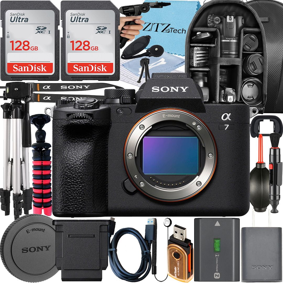 Sony a7 IV Mirrorless Camera + Tripod + 2 Pack 128GB Memory Card + Backpack + ZeeTech Accessory Bundle