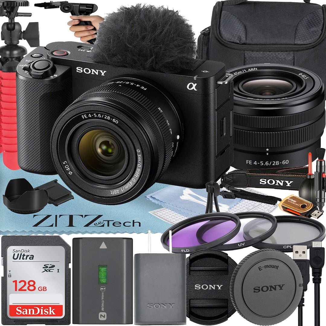 Sony ZV-E1 Mirrorless Camera (Black) with FE 28-60mm Lens + SanDisk 128GB Card + Case + 3 Pieces Filter + ZeeTech Accessory Bundle