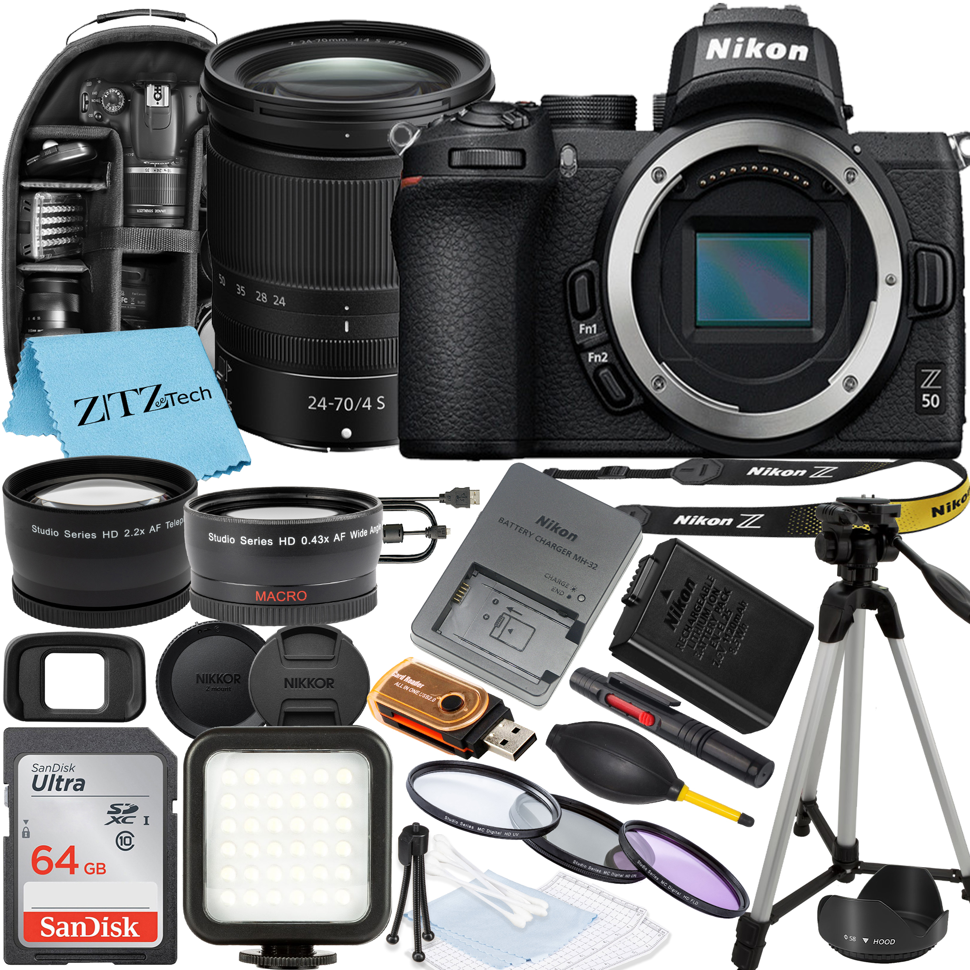 Nikon Z50 Mirrorless Camera with NIKKOR Z 24-70mm f/4 S Lens, SanDisk 64GB Memory Card, Backpack, Flash, Tripod and ZeeTech Accessory Bundle