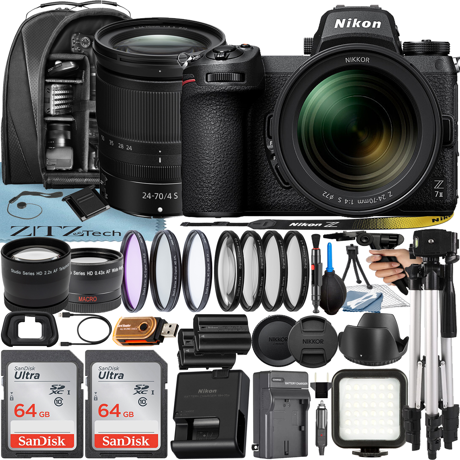 Nikon Z7 II Mirrorless Camera with NIKKOR Z 24-70mm f/4 S Lens + 2 Pack 64GB SanDisk Card + Case + Tripod + ZeeTech Accessory Bundle