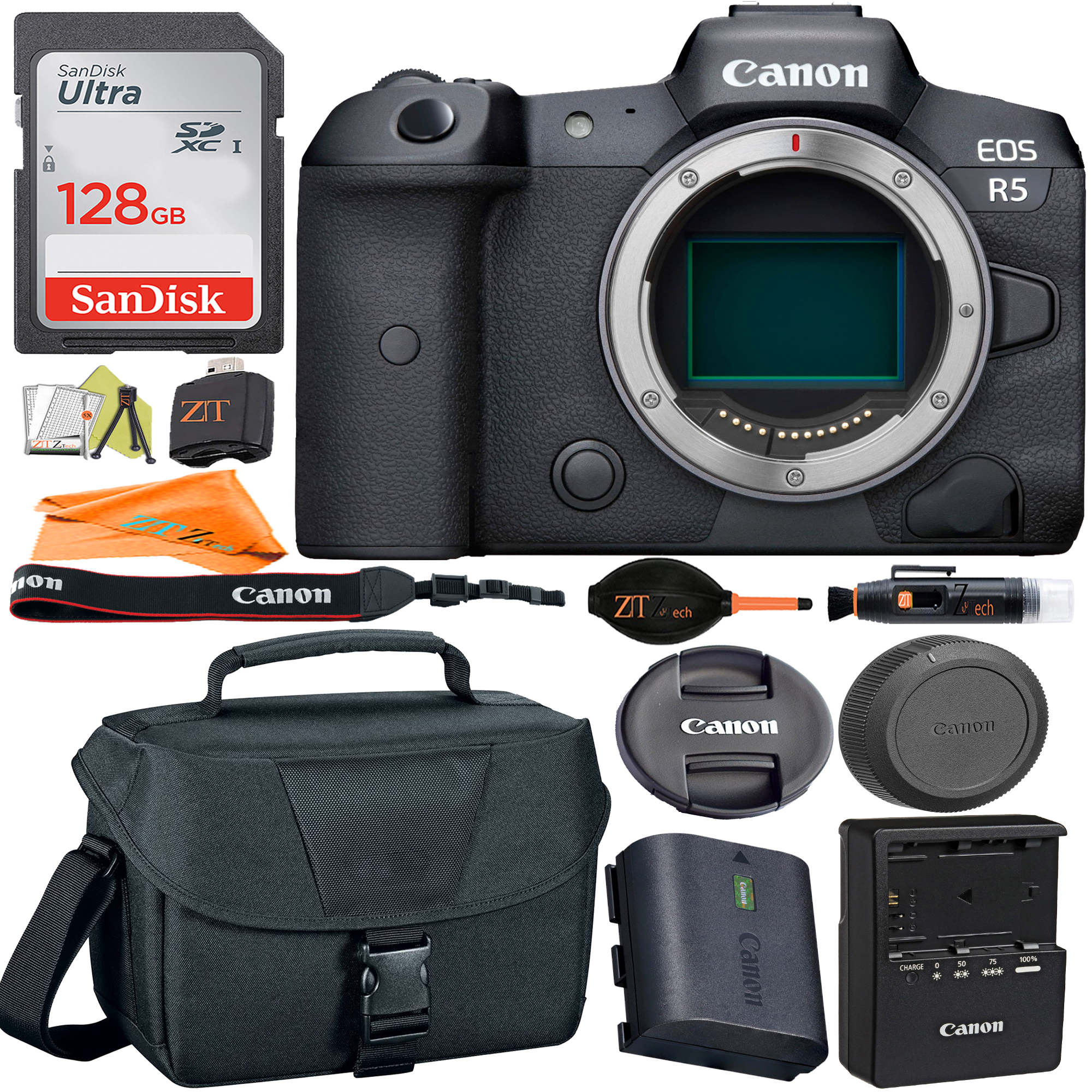 Canon EOS R5 Mirrorless Digital Camera (Body Only) Full-Frame with SanDisk 128GB + Case + ZeeTech Accessory Bundle