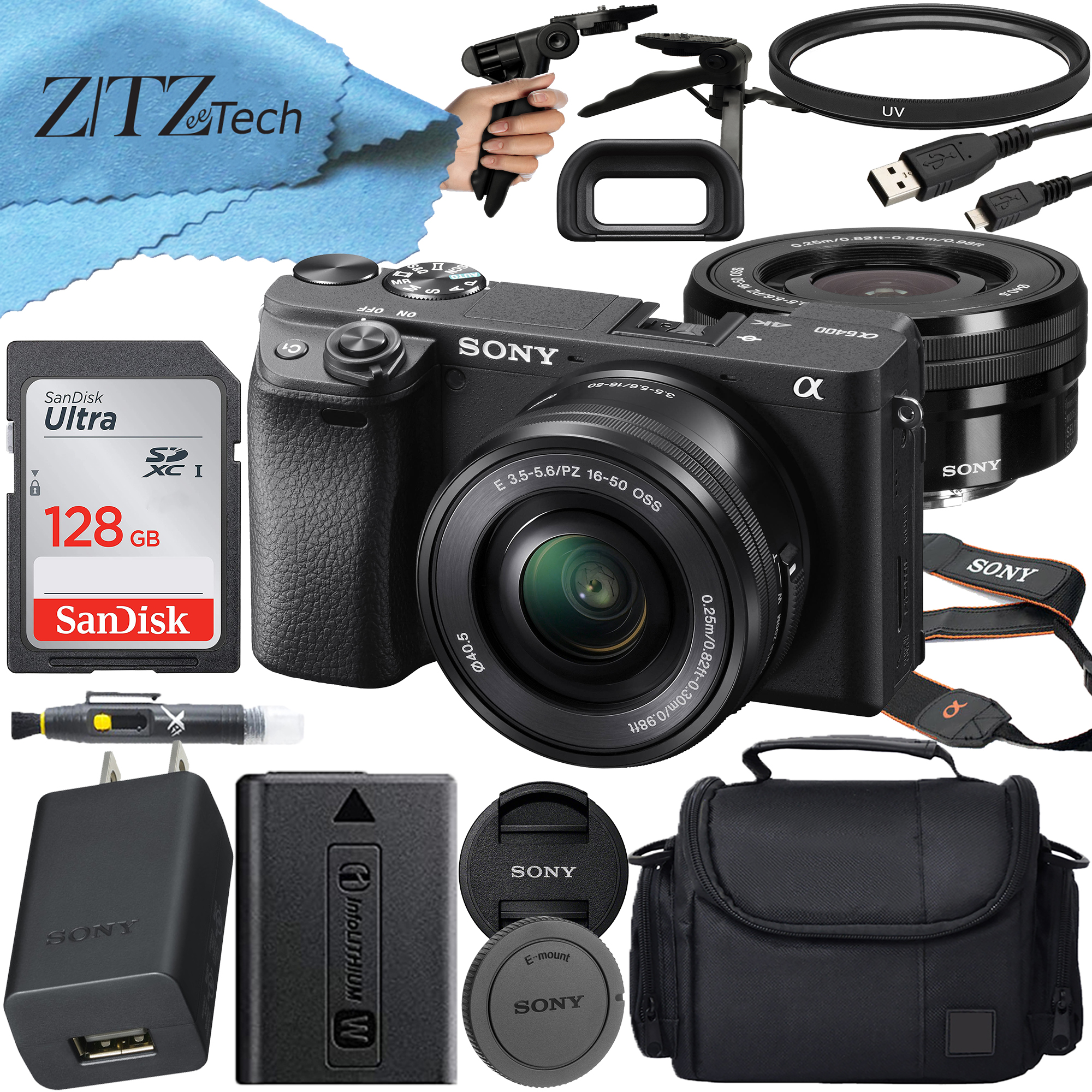 Sony Alpha a6400 Mirrorless Digital Camera with 16-50mm Lens + SanDisk 128GB Card + Case + ZeeTech Accessory Bundle