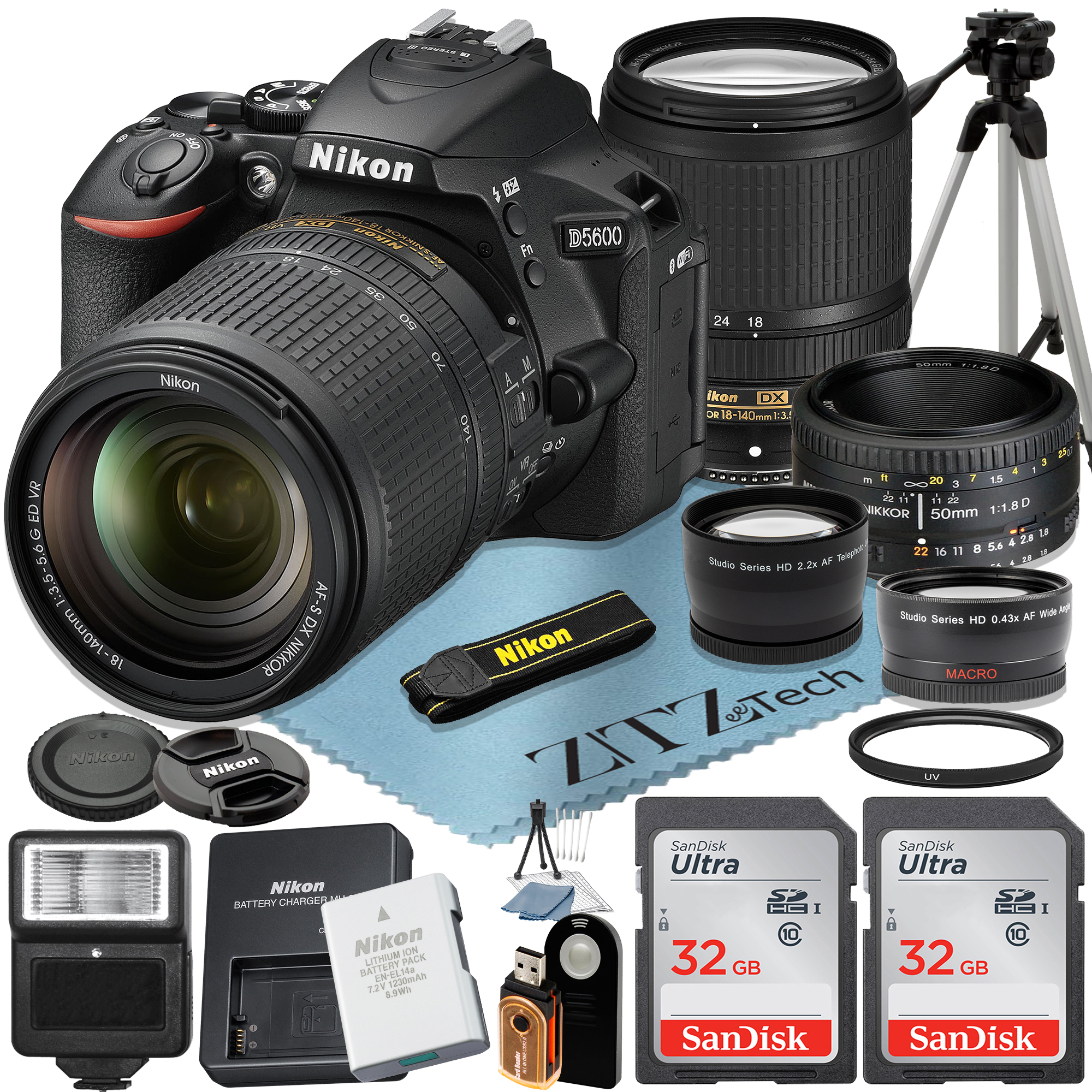 Nikon D5600 DSLR Camera 24.2MP with 18-140mm + AF FX 50mm Lens + 2 Pcs SanDisk 32GB Memory Card + Tripod + ZeeTech Accessory Bundle