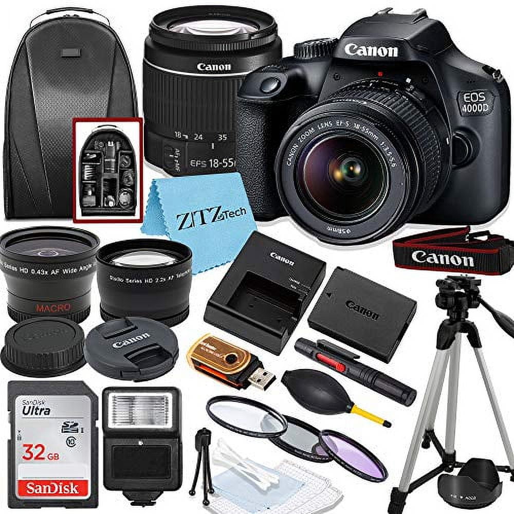 Canon EOS 4000D / Rebel T100 DSLR Camera with EF-S 18-55mm Lens, 32GB SanDisk Memory Card, Tripod, Flash, Backpack and ZeeTech Accessory Bundle