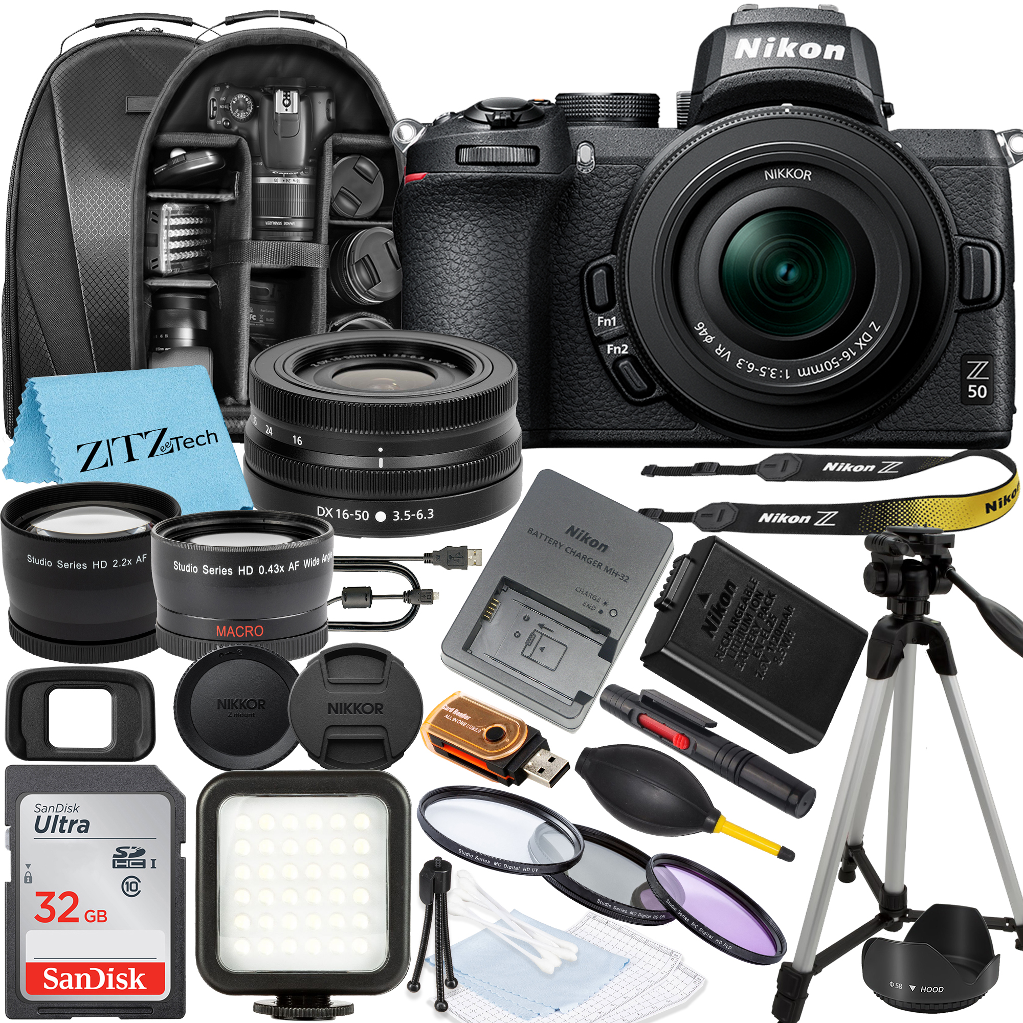 Nikon Z50 Mirrorless Camera with NIKKOR Z DX 16-50mm VR Zoom Lens, SanDisk 32GB Memory Card, Backpack, Flash, Tripod and ZeeTech Accessory Bundle