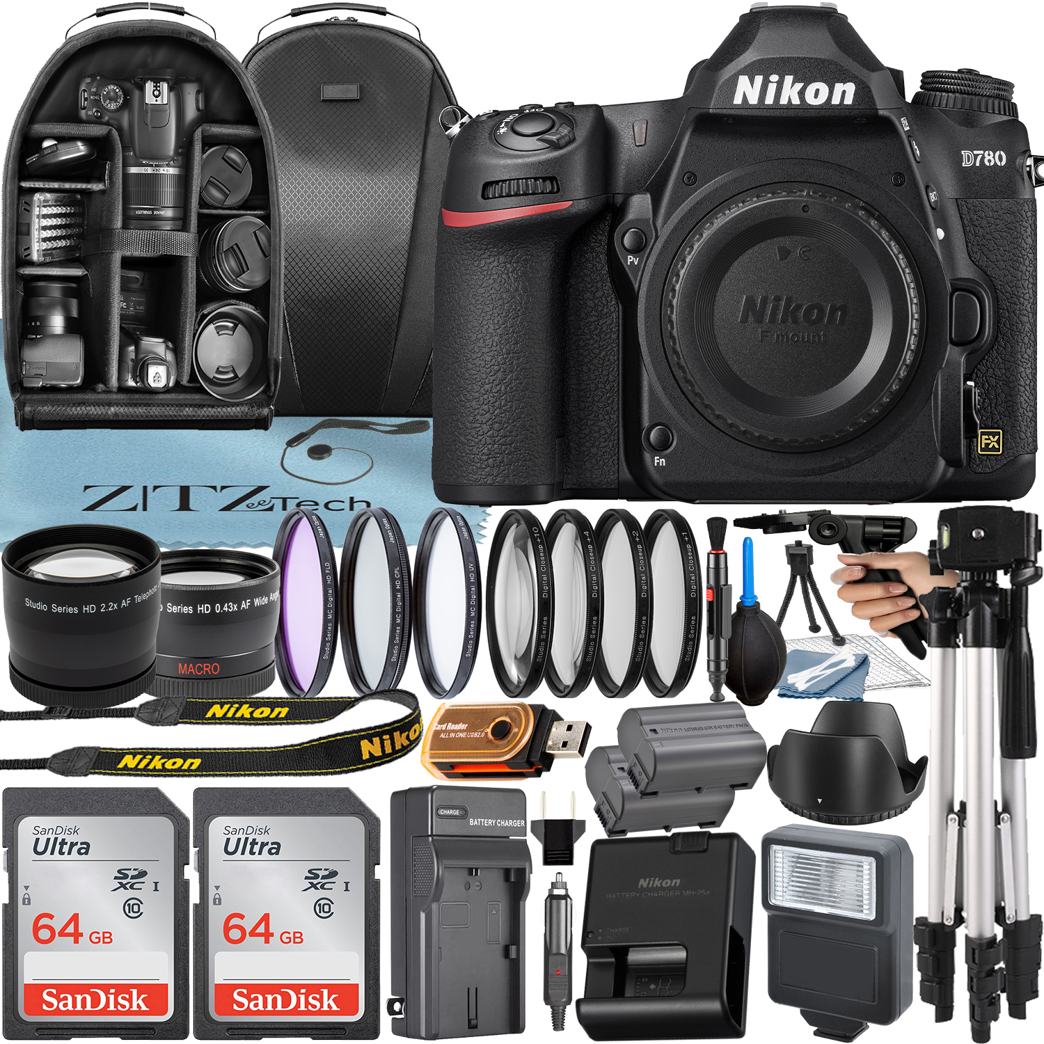 Nikon D780 DSLR Camera (Body Only) with 24.5MP CMOS Sensor + SanDisk 64GB Card + Case + Telephoto + Tripod + ZeeTech Accessory Bundle