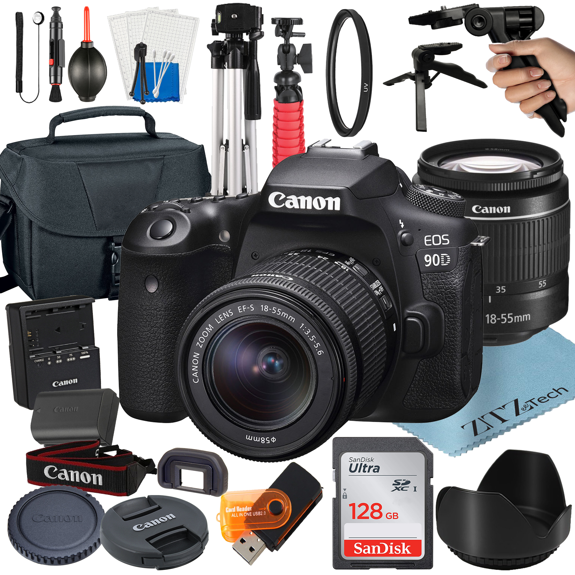 Canon EOS 90D DSLR Camera Bundle with 18-55mm Zoom Lens + 128GB SanDisk Card + Case + Tripod + ZeeTech Accessory