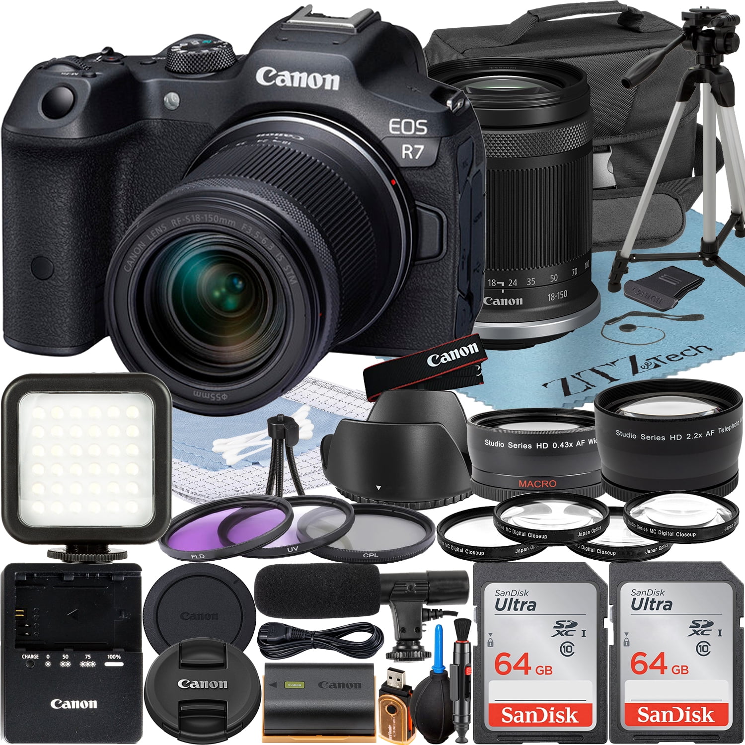 Canon EOS R7 Mirrorless Camera with RF-S 18-150mm Lens + 2 Pack SanDisk 64GB Memory Card + Case + ZeeTech Accessory