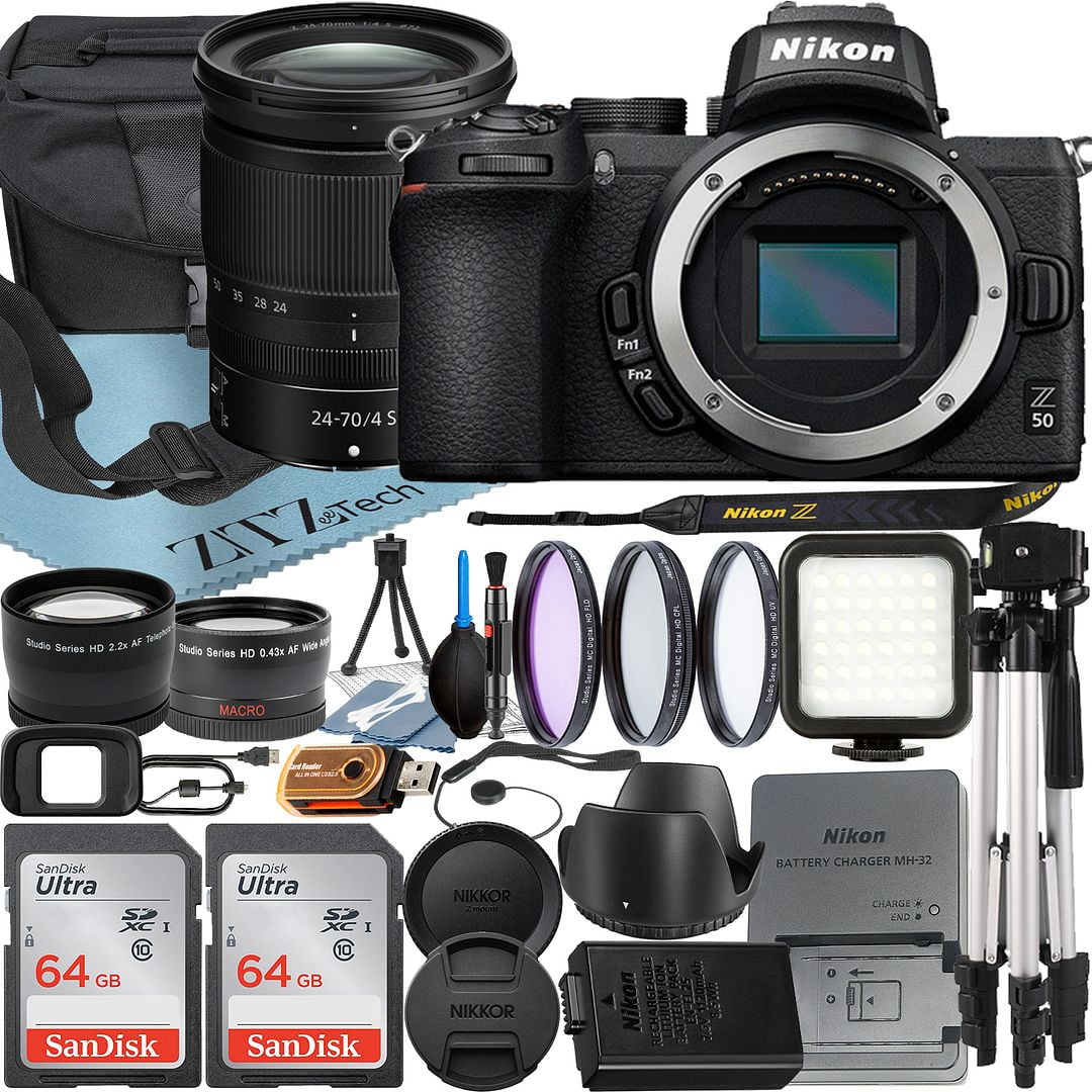 Nikon Z50 Mirrorless Camera with NIKKOR Z 24-70mm f/4 S Lens + SanDisk 64GB Card + Case + Wideangle + Tripod + ZeeTech Accessory Bundle