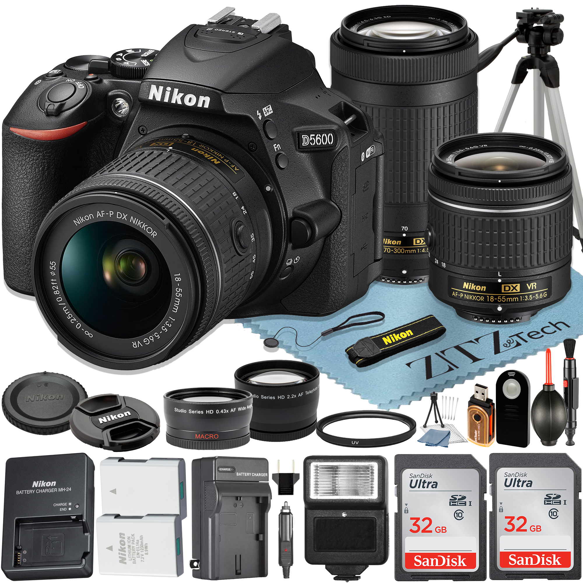 Nikon D5600 DSLR Camera with 18-55mm + 70-300mm Lens + 2 Pcs SanDisk 32GB Memory Card + Wideangle + Flash + Tripod + ZeeTech Accessory Bundle