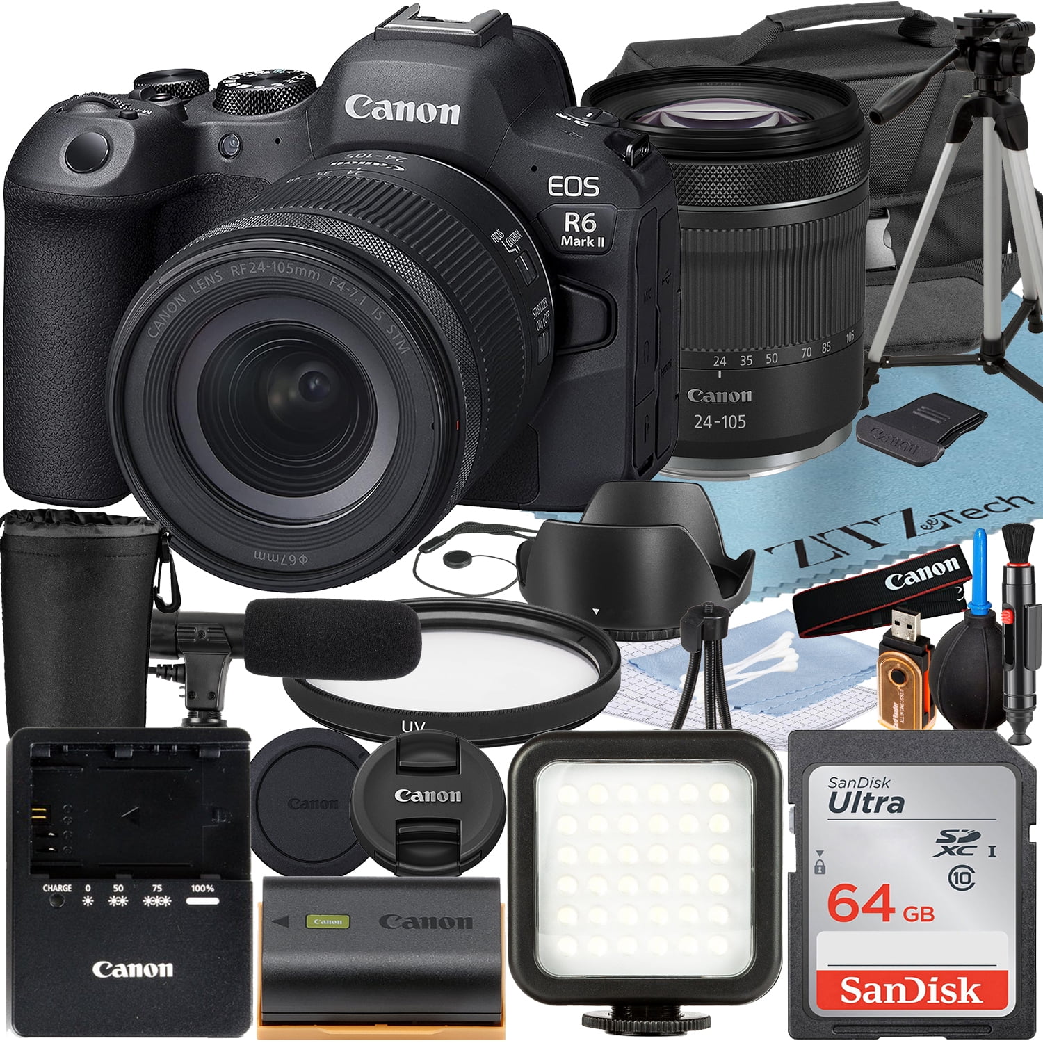 Canon EOS R6 Mark II Mirrorless Camera with RF 24-105mm Lens + SanDisk 64GB Memory Card + Case + LED Flash + ZeeTech Accessory Bundle