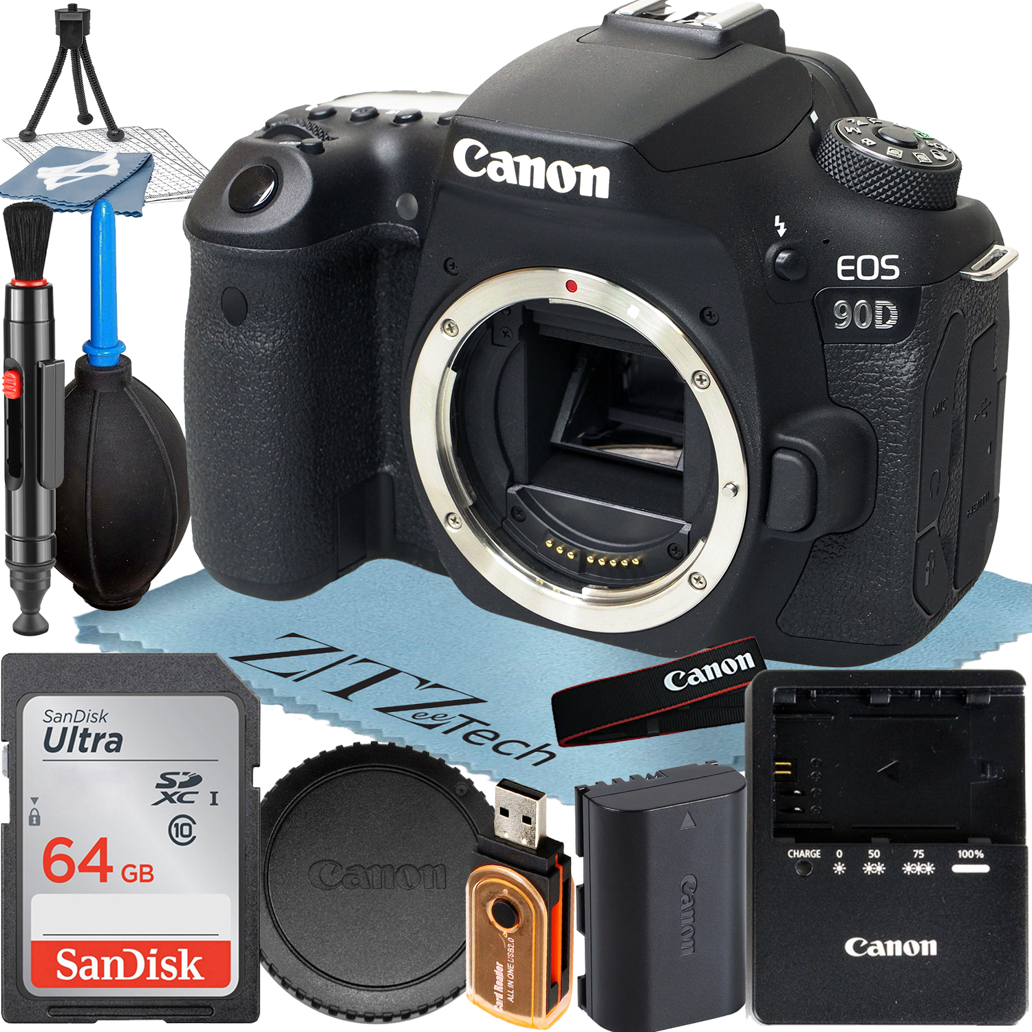 Canon EOS 90D DSLR Camera (Body Only) with 32.5MP CMOS Sensor + SanDisk 64GB Memory Card + ZeeTech Accessory Bundle