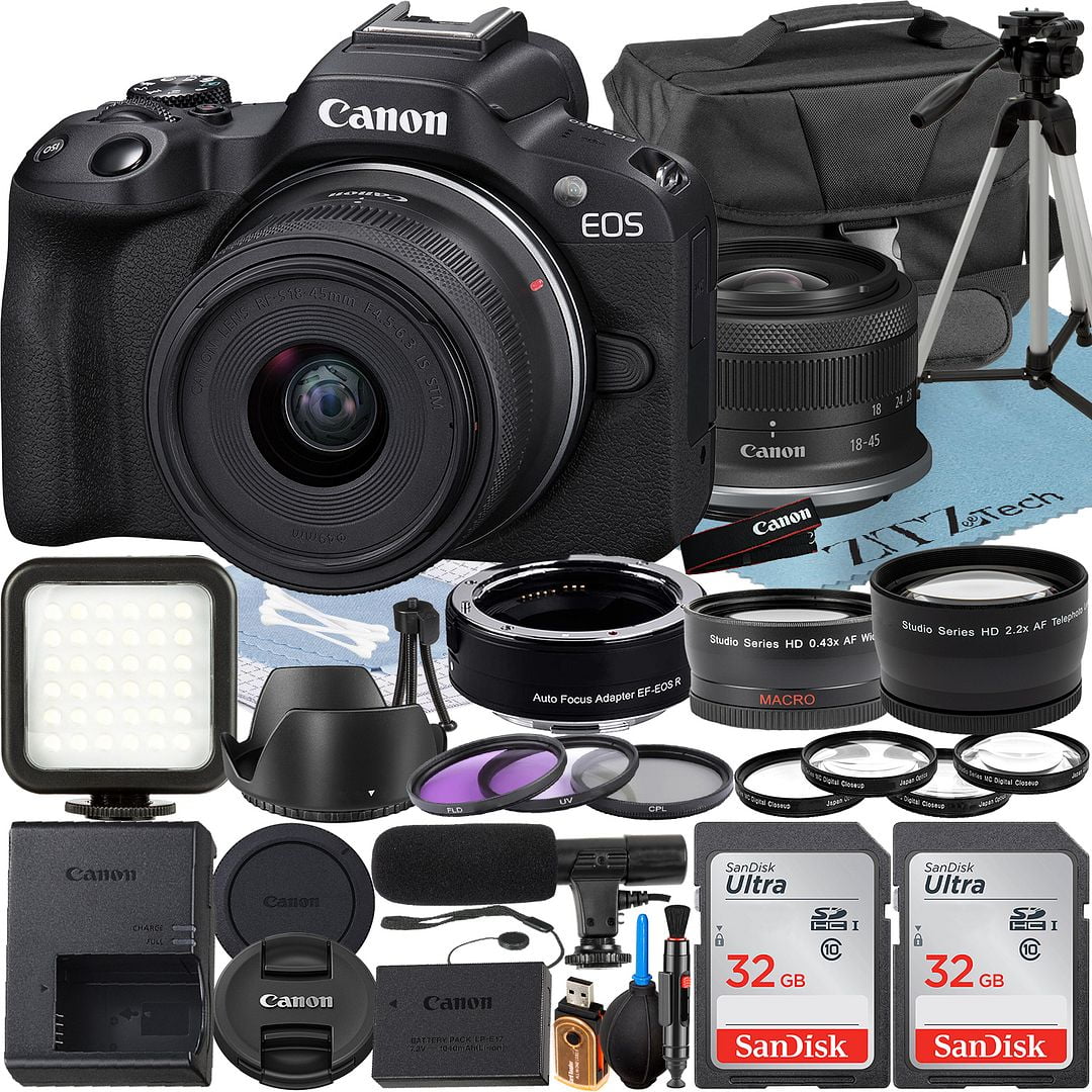 Canon EOS R50 Mirrorless Camera with RF-S 18-45mm Lens + 2 Pack SanDisk 32GB Memory Card + Case + ZeeTech Accessory