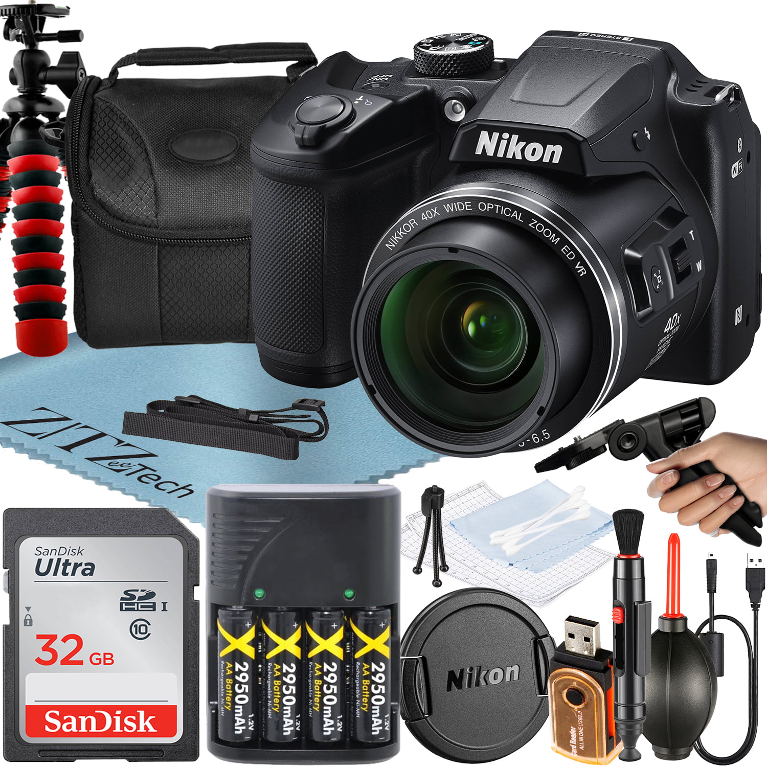 Nikon COOLPIX B500 Digital Camera (Black) with 16MP 40x Optical Zoom, SanDisk 32GB Memory, Tripod, Cleaning Kit and ZeeTech Bundle