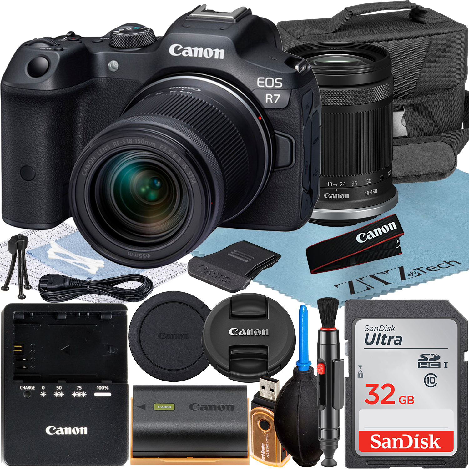Canon EOS R7 Mirrorless Camera with RF-S 18-150mm Lens + SanDisk 32GB Memory Card + Case + ZeeTech Accessory Bundle