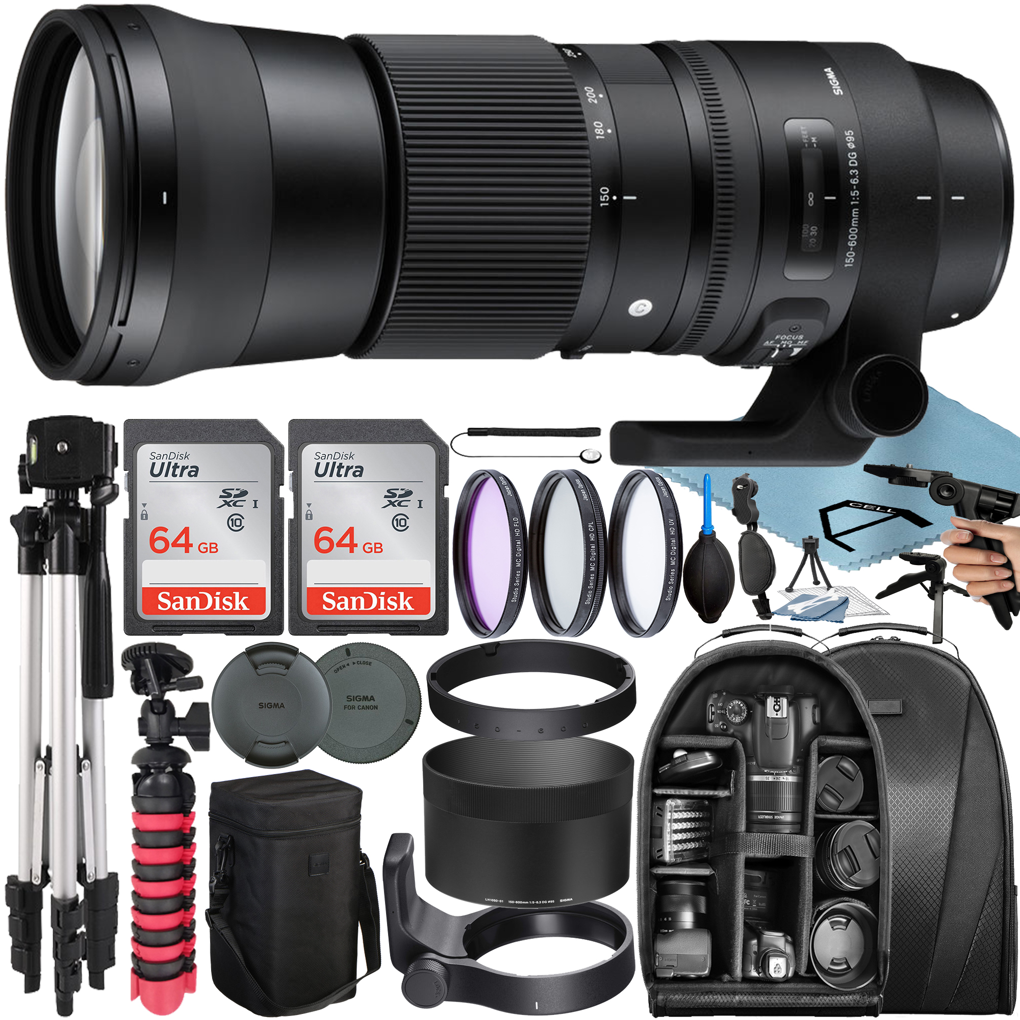 Sigma 150-600mm F/5-6.3 DG OS HSM Contemporary Lens for Canon EF with 2 Pack 64GB SanDisk Memory Card + Tripod + Backpack + A-Cell Accessory Bundle