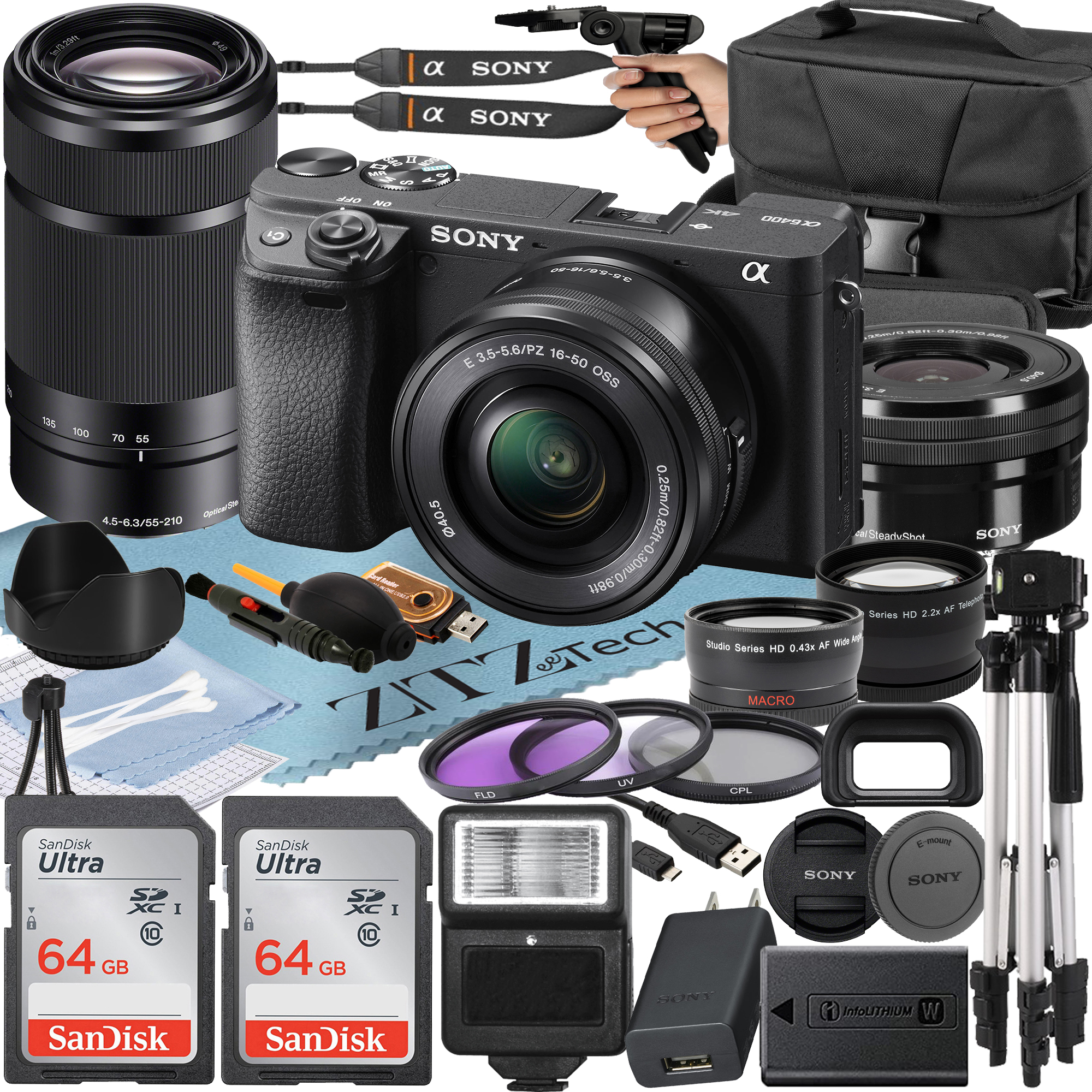 Sony Alpha a6400 Mirrorless Digital Camera with E PZ 16-50mm + E 55-210mm OSS Lens + 2 Pack SanDisk 64GB Card + Flash + ZeeTech Accessory Bundle