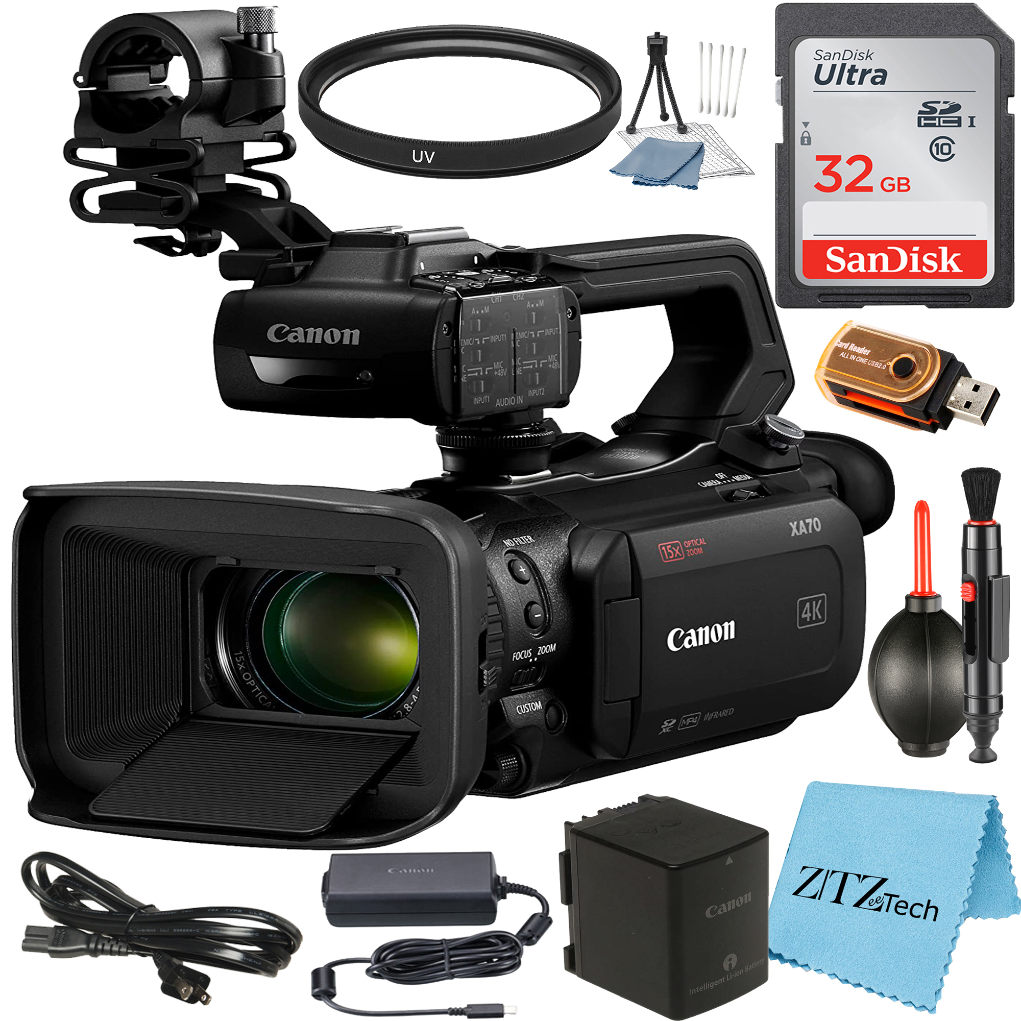 Canon XA70 UHD 4K30 Camcorder with Dual-Pixel Autofocus + SanDisk 32GB Memory Card + UV Fliter + ZeeTech Accessory Bundle